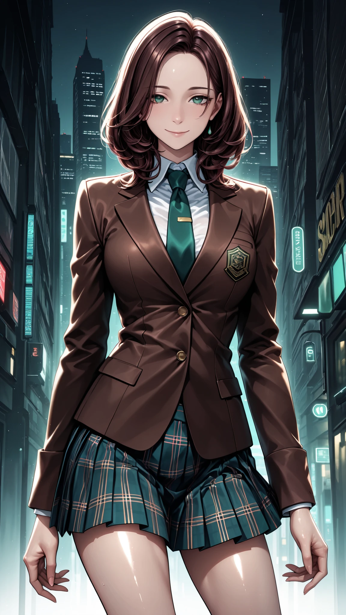 masterpiece, best quality, vibrant, very aesthetic, high contrast, anime style, semirealistic, newest, shiny skin,slender, cinematic-lightning, Enhance colors to maximum saturation, cowboy shot, high contrast, 1girl, detailed eyes, green eyes, slightly smile, detailed medium hair, dark brown silky hair, forehead, sliced back hair, contrapposto, Captivating thighs, uniform, brown blazers, Green tie, Plaid Pleated Skirt, rainy cyber city, at night