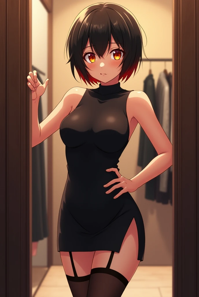 10 y.o. girl, black hair, small breasts, thicc thigs, big ass, black short bodycon dress with cut out on the butt, red eyes, masterpiece, clear lines, many details, small breasts with small nipples