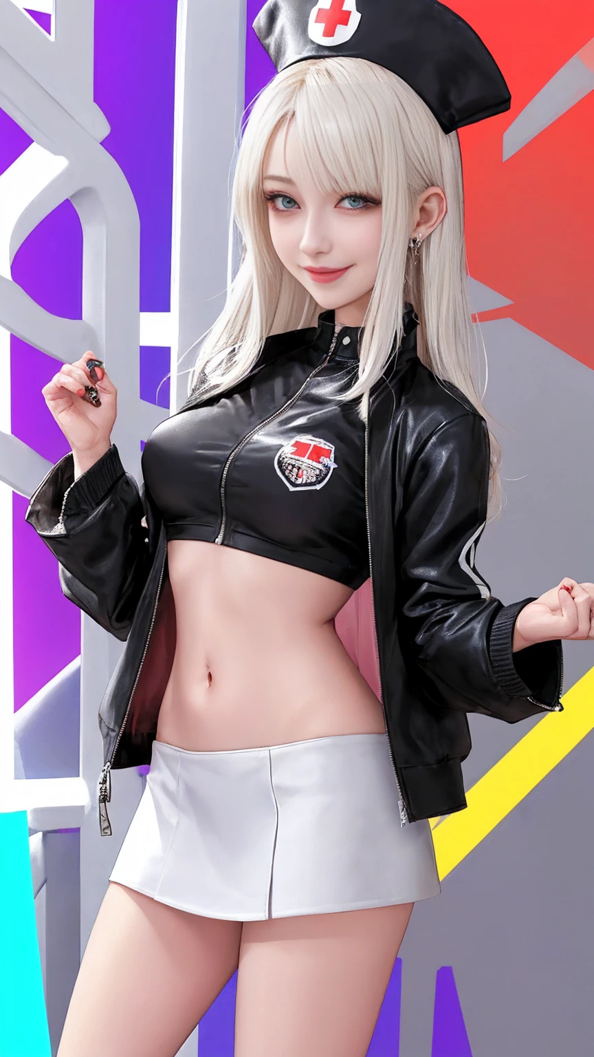 Nurse Cap、zippers、Latex Super Mini Skirt、Latex High Heels、、Staggered black-rimmed glasses、(FULL BODYSHOT)、Glossy skin、,(20yr old)、large boob、Japan Idol Hairstyles、(magazine:1.3), (cover-style:1.3),Silvery hair、Open the crotch