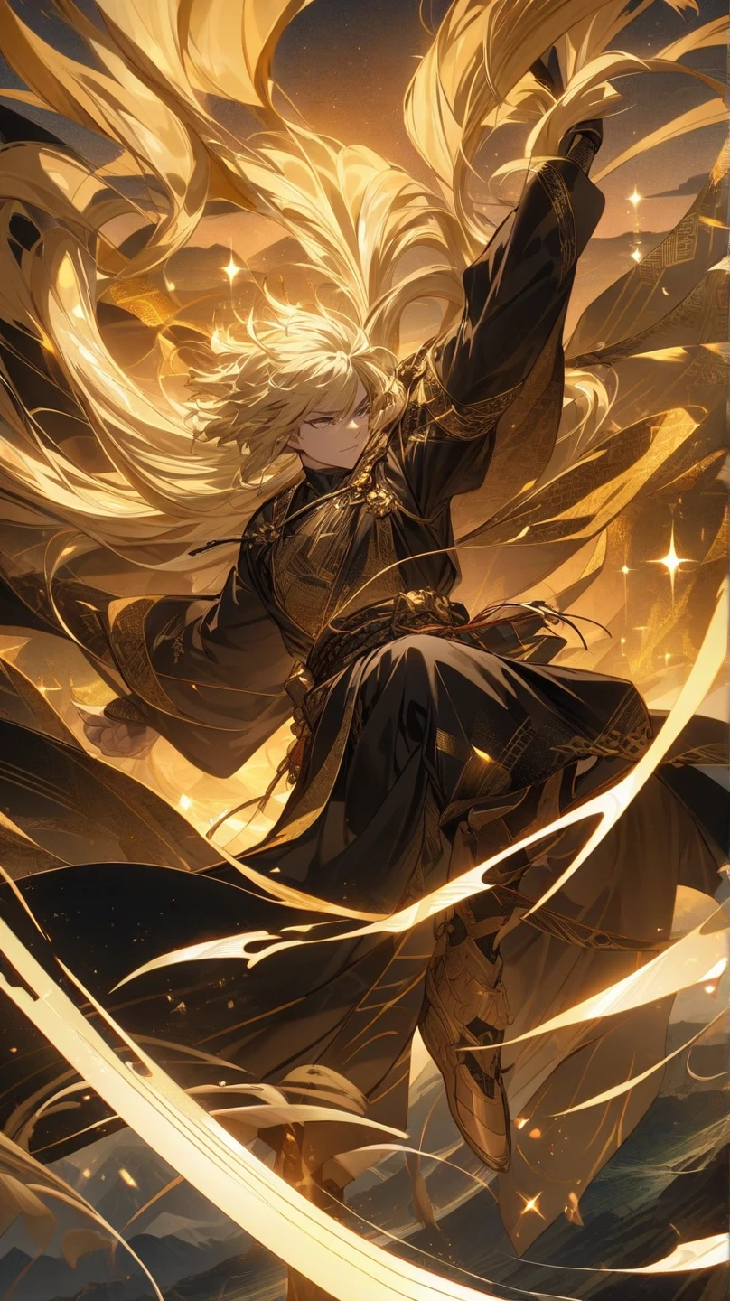 8k, La mejor calidad, Obra maestra, Altamente dealtoado, semi realista, 1 child, macho maduro, 20 years old, cabello amarillo, pelo corto, flequillo de cortina, Pupilas azules, Armadura dorada, pantalones negros esponjosos, Botas de hierro dorado, Capa de ala esponjosa roja, Wielding Sword, caballero, coronation ceremony，ERA, Llamas, Sangre，Azucena, petal rain，estandarte, Naruto Uzumaki,  DESDE EL FRENTE,  Masculino, alto, guapo