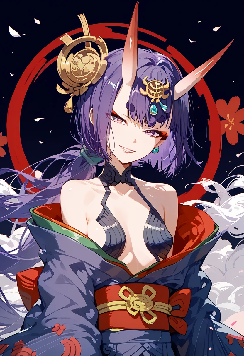 Masterpiece, best quality, expressive eyes, perfect face, 1girl, breasts, horns, solo, monster girl, purple hair, large breasts, glasses, long hair, yellow eyes, cleavage, smile, bare shoulders, looking at viewer, head fins, japanese clothes, teal kimono, lamia, red stripes,
