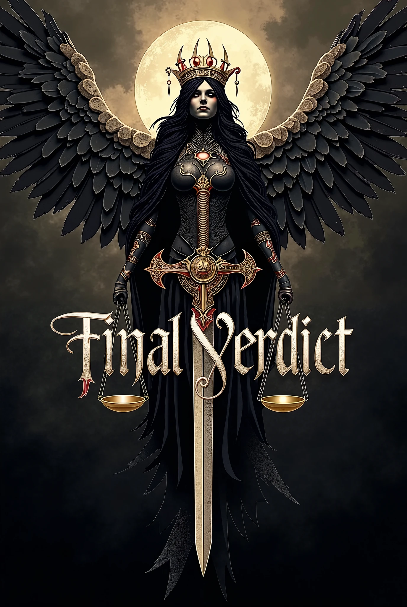 a demon woman with angel wings, black and slit eyes, your eyes are evil, and she holds a chalice where the blood-colored liquid reflects the words: pride.. she drinks the liquid that overflows over her face and body