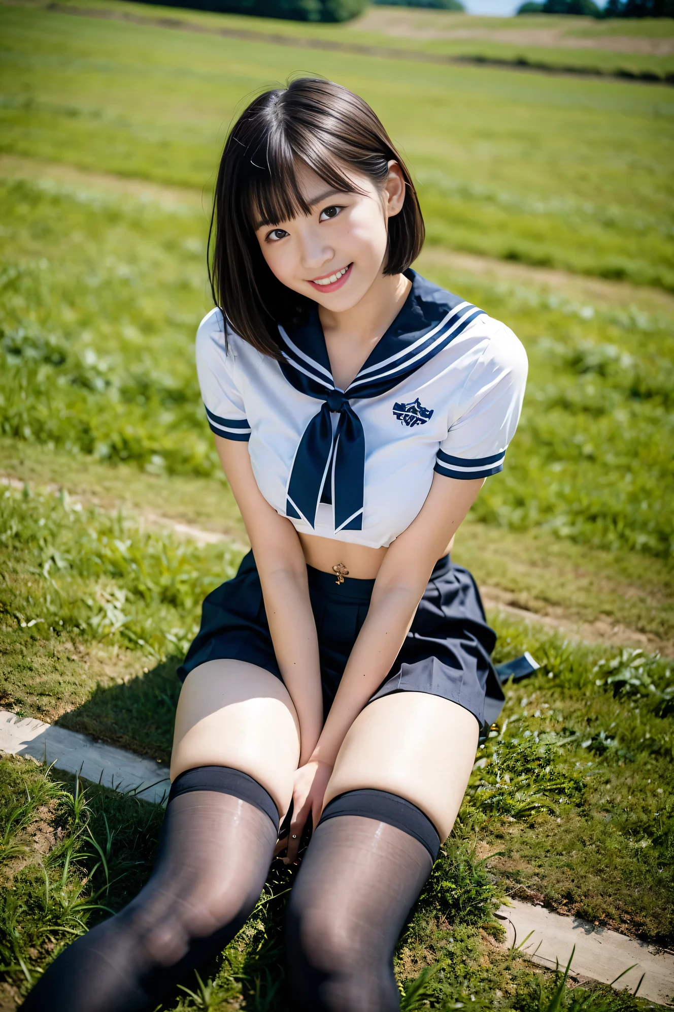 Pure Japanese school girl, sexual attractive, outstanding body, beautiful legs, shiny white skin, wearing loose uniform, panty, natural short hairstyles, sweet smile, sitting on bench, refreshing in early summer morning, composition from the front, 