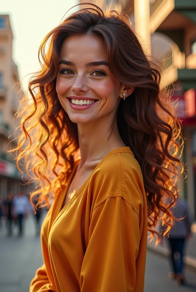 girl walking on street, long hair, trending dress, masterpiece, realistic, best quality, 8k, look at viewer, detail eyes, detail face, detail skin girl, pores, acne, smile, teeth