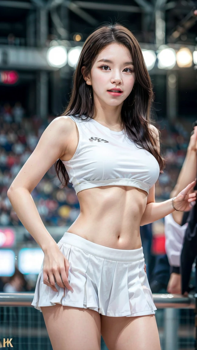 best quality, realistic, Wallpaper CG with excellent details Unity 8,000, depth of field, cinematic light, lens flare, ray tracing, (an exceptionally beautiful face, beautiful lips, beautiful eyes), Face with intricate details, ((Very transparent and natural skin)), ((1 asian woman)), ((junior)), ((small smile:1.3), (blurred background), (bright lights), (There are no people in the background.......:1.3), ((clear eyes)), ((front pose)), ((pale skinned)), ((look at me)), ((full body shot)), (light brown hair), ((A thin waist)),((natural arm movements)), ((Fine-grained fingers)),((precise fingers)), ((white crop top)), ((very short and tight white jacket)), ((short white skirt))、((small ass))、((Long limbs))、((Full-body depiction))、((stand))、((Full-body depiction))、((thin thighs))、((forward walking posture)), ((Standing at the Ballpark))