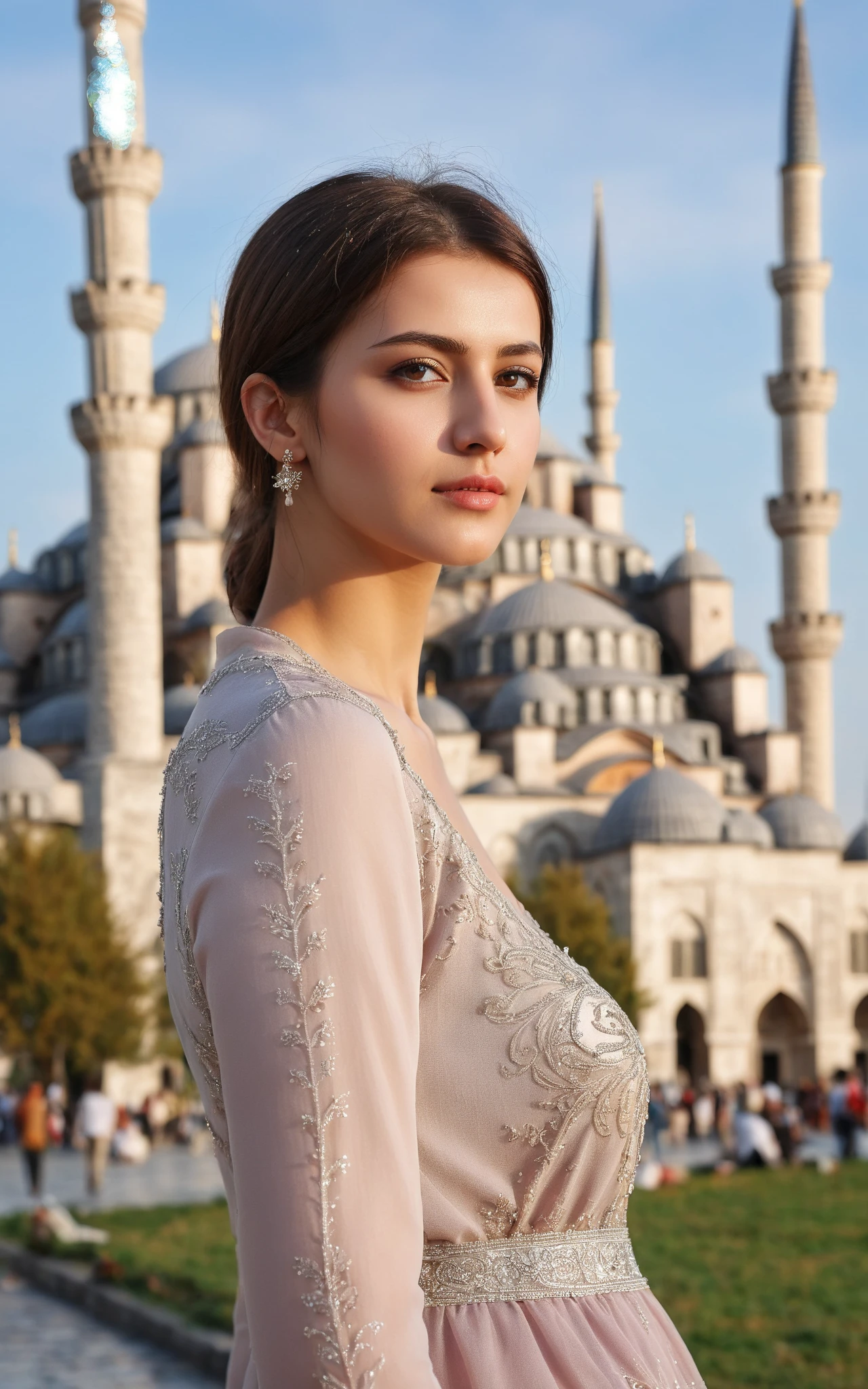 a beautiful turkish woman is standing near istanbul sultan ahmed mosque, bokeh, highly detailed