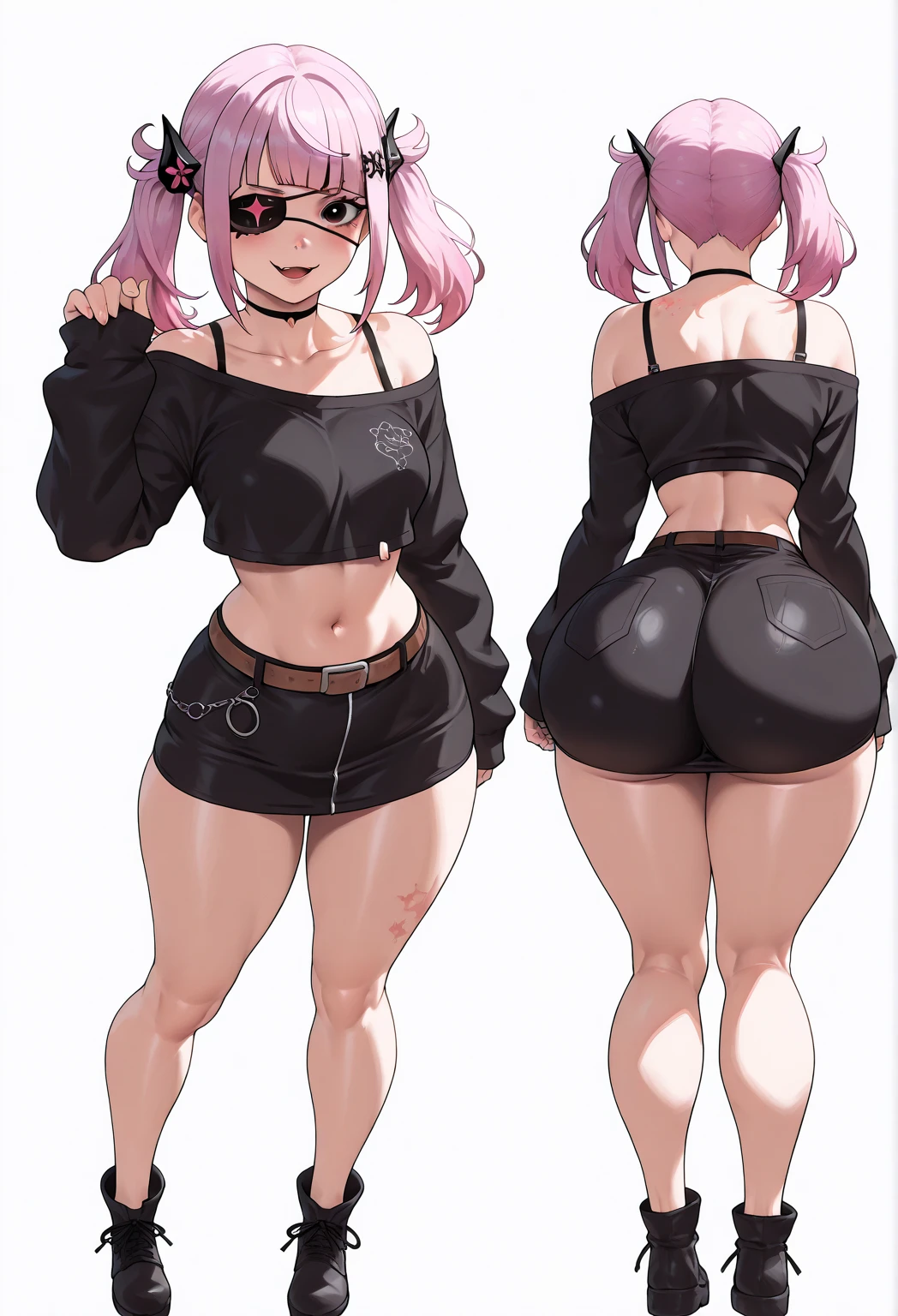 Haruno Sakura. short pale pink hair, large light green eyes, a large forehead, thin lips, small saggy breasts. bbw. huge hips. choker. (((black bra))),(((pink panties))),(((black stockings with garters))). rear view. bedroom
