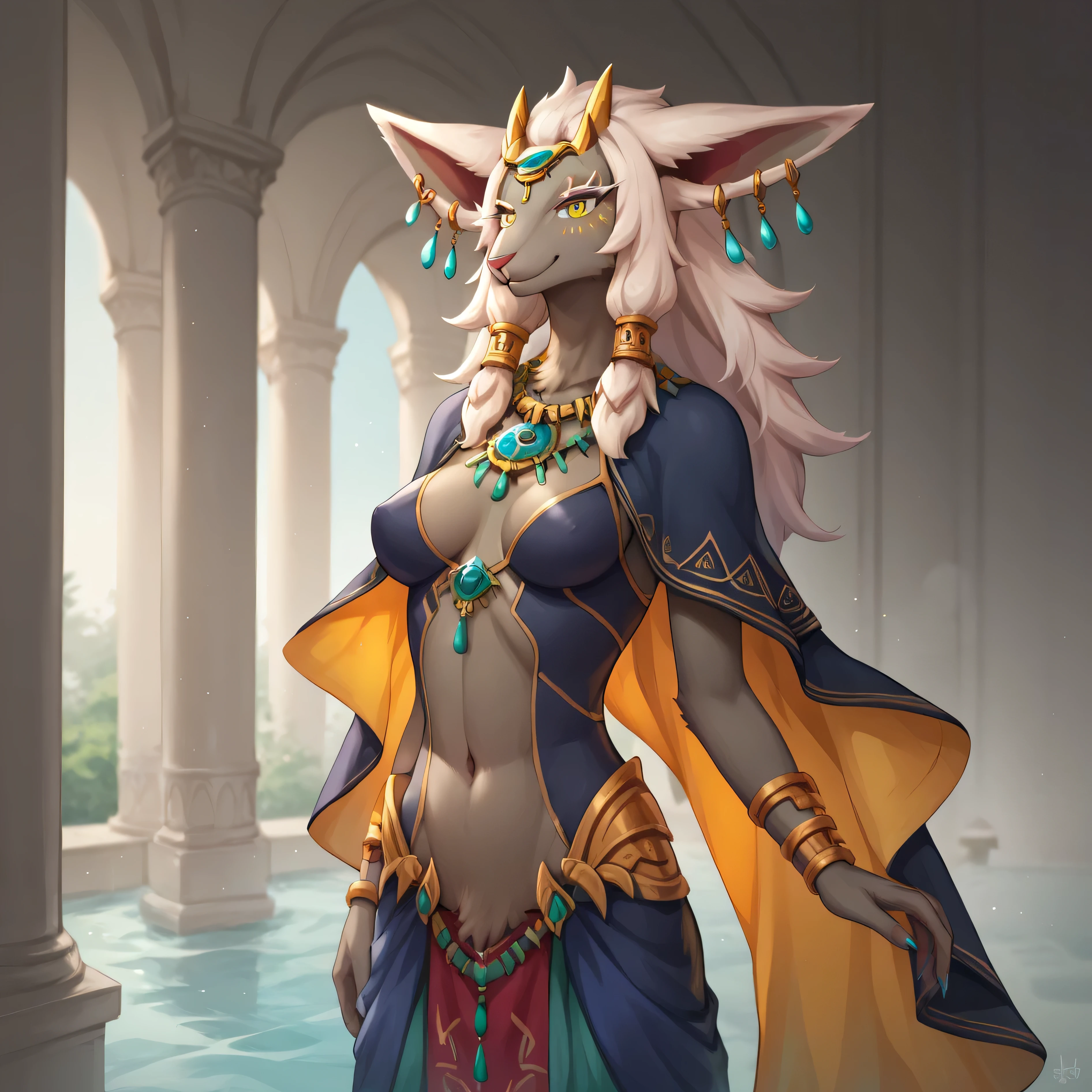 masterpiece, best quality, detailed eyes, detailed face, detailed skin, score_9, score_8_up, score_7_up, full body shot, in palace, in bathroom, 1boy and 1girl, couple, r4urutotk, anthro, goat, mineru, furry, necklace, grey-skinned female, dark grey-skinned male, blue eyes, yellow eyes, short hair, white hair, white ears,