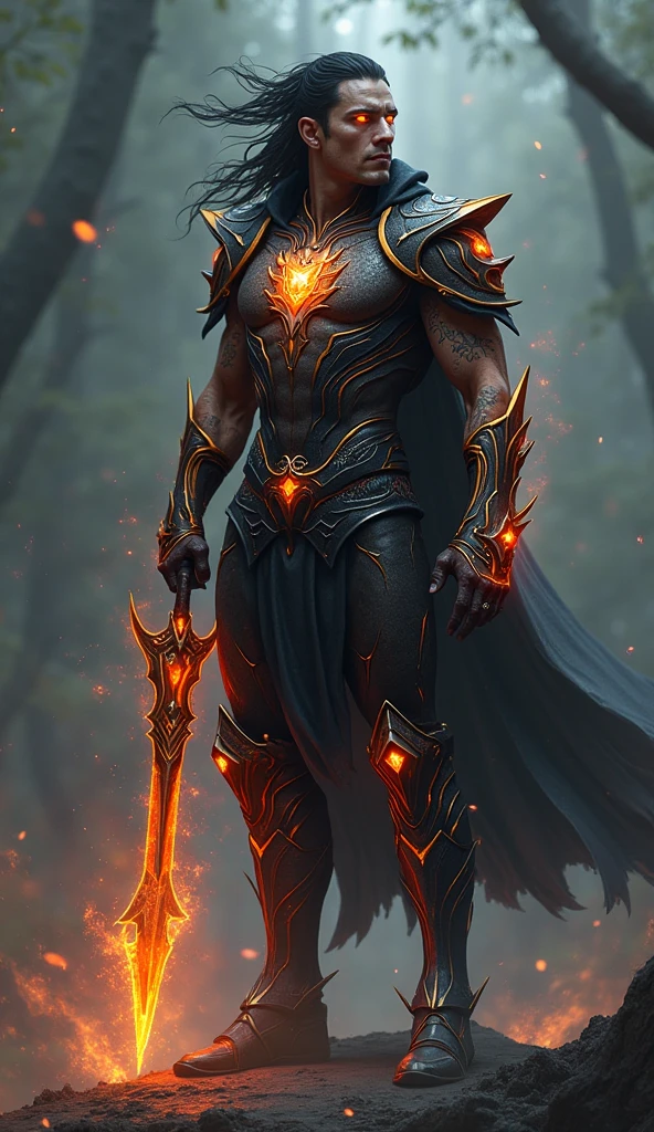 Crazy brown male dark elf with glowing yellow eyes With black wavy hair With black armor With yellow burns and flames all over his body