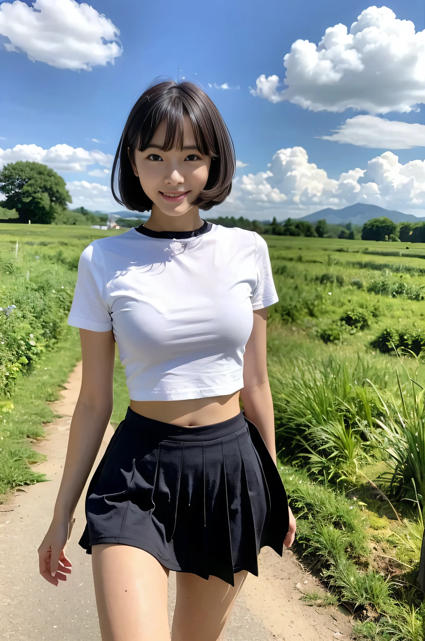 One beautiful girl, (Japanese beautiful girl, Delicate:1.3), (18-year-old:1.3),
break, (Lush countryside background:1.2),
break, Shy laugh, Very beautiful eyes, (Symmetrical eyes:1.3),
break, (E cup breasts:1.3), Cropped Logo T-shirt:1.3, hot pants:1.3, Beautiful legs, Thighs, Brown eyes, Parted bangs, Brown bob cut hair, Round face, cute,
break, (Eye and facial details:1.0),
break, (masterpiece, Highest quality, Very detailed, Detailed face, 8k)