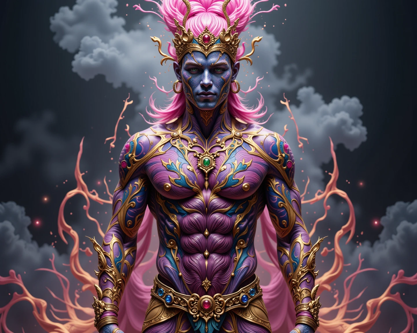 Big man Four hands Four eyes Pink Hair Shaman