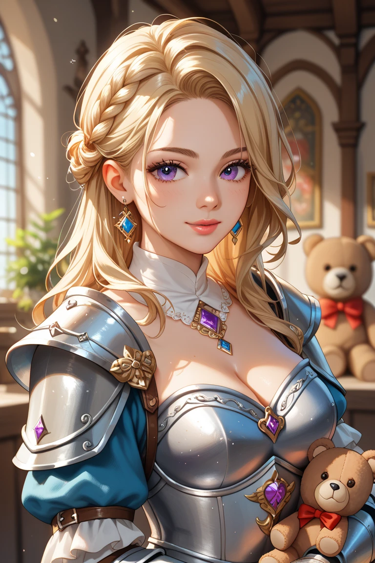 High resolution, masterpiece, Textured skin, One woman, Age 25, Valkyria, White Skin, Long Hair, Blonde, Shiny Hair, blue eyes, Take a closer look, smile, Wearing a flower crown, (Large Breasts), Show your chest, breast hold, White elegant gold-decorated armor, Mini Pleated Skirt, Show thighs, White boots, Crystal Earrings, Lace cloak, Detailed Background, Western European temple, Cinematic light effects,