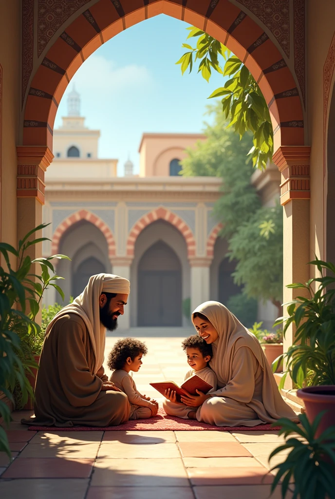 In the courtyard of the house, the Islamic religion father, his children, the grandmother, grandmother reading a story for kids and a  playing with the grandmother’s dress and scattering her toys on the floor. It would be a very beautiful picture. These are gathered in a beautiful courtyard, and the view is wonderful. In this view, everything is green. Everything is green and blue. The sky is blue. In the distance, some mountains, lush trees, gardens, and houses can be seen.