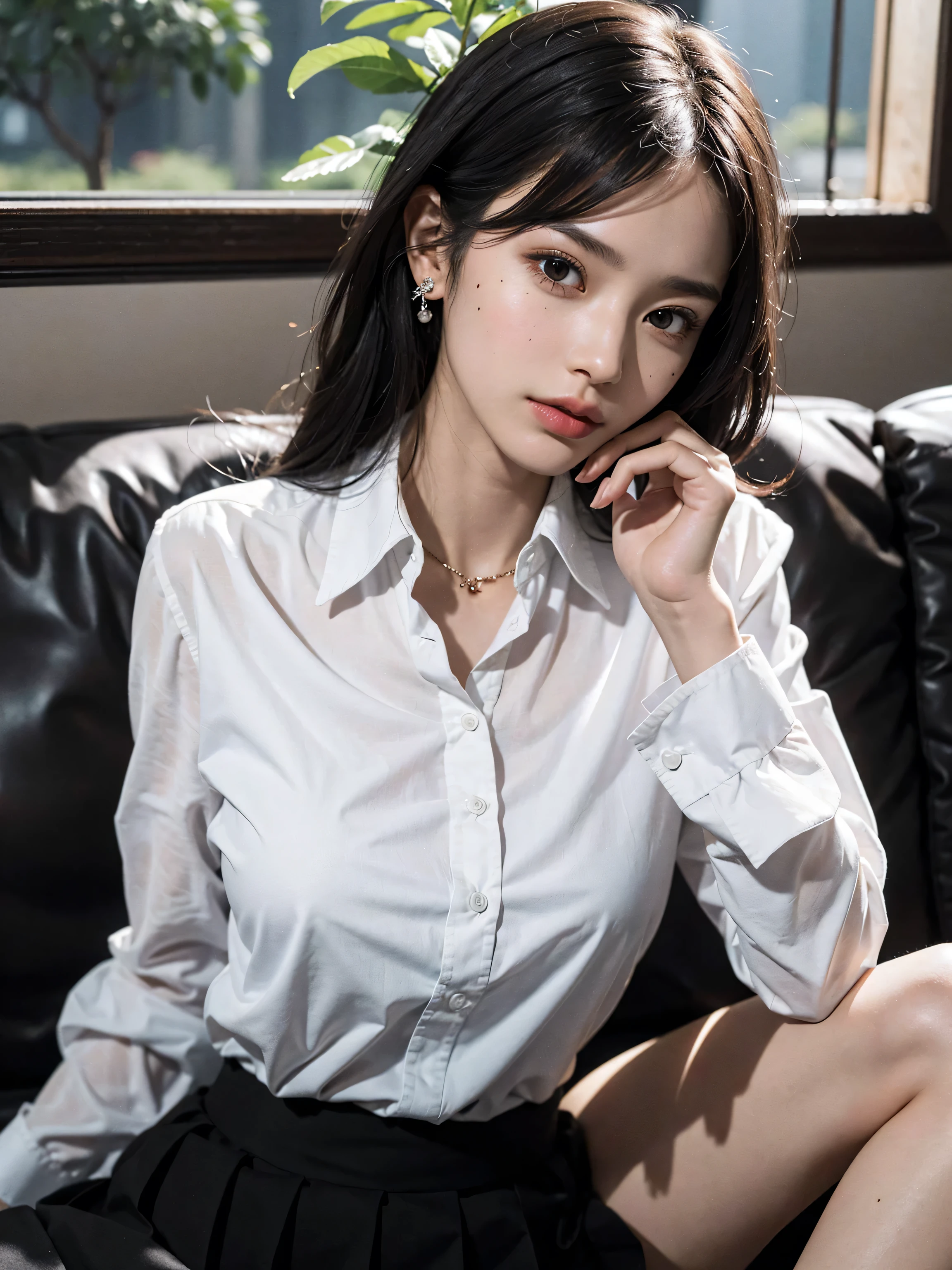 araffed asian woman in a skirt and white shirt posing for a picture, wearing a blouse, wearing white shirt, fine white shirt, wearing in shirt, clothed in white shirt, wearing a white button up shirt, wearing a white shirt, open shirt, wearing a white blouse, white blouse, wearing a light shirt, wearing tight simple clothes, white shirt