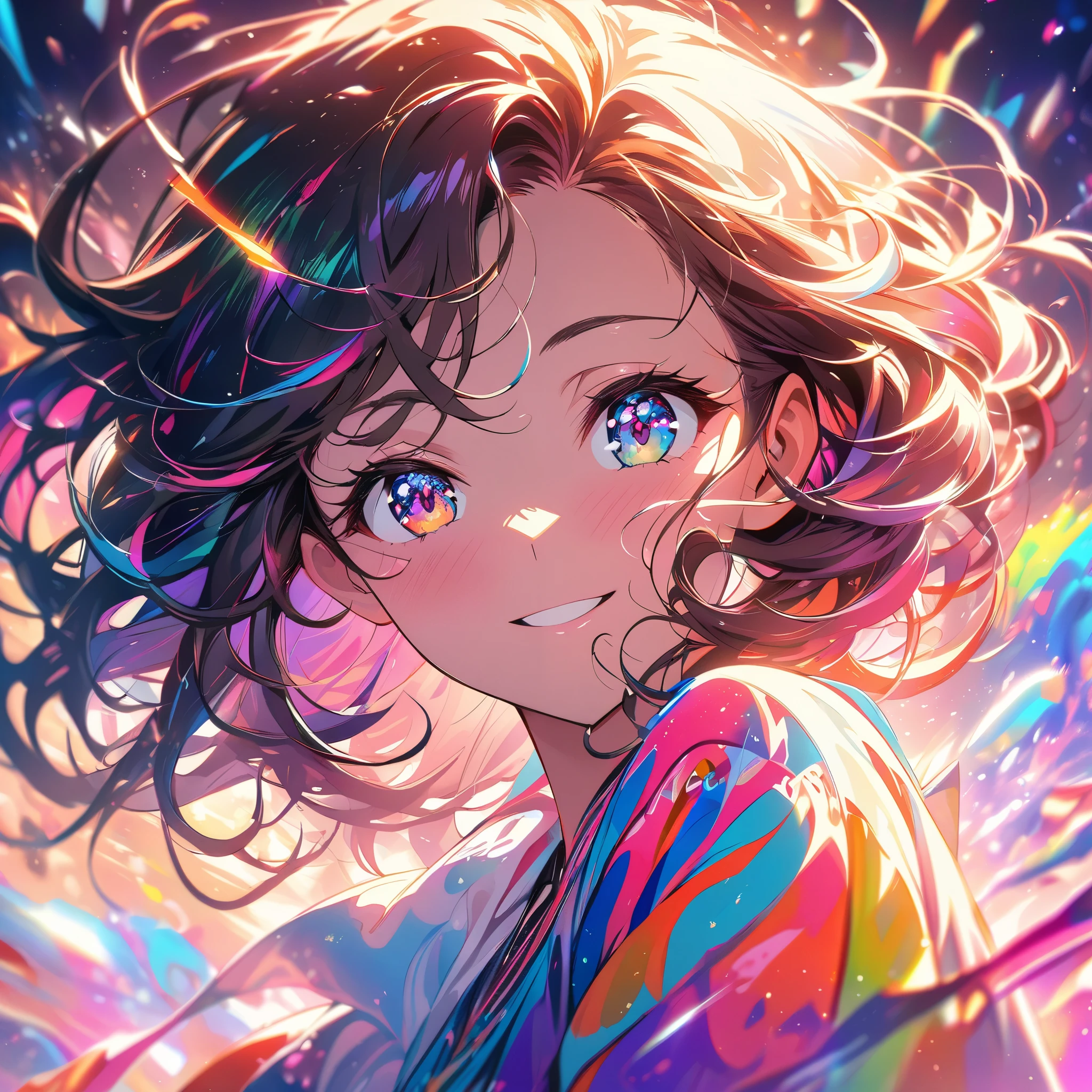 Close-up of a woman with colorful hair and necklace, anime girl with cosmic hair, rossdraws pastel vibrant, artwork in the style of guweiz, Fantasy Art Style, Colorful vibrant fantasy style, rossdraws cartoon vibrant, cosmic and colorful, guweiz, colorfull digital fantasy art, stunning art style, beautiful anime style, exhibitionism, public indecency, Looking at Viewer, 1girl in, 鎖骨, flashes, , Naked coat, Outdoors, Open coat, thighs thighs thighs thighs, public nudity, Open mouth, coat, Short hair, medium breasts, black thighhighs, Open your clothes, Black hair, Solo, Smile, , blush, sanpaku,