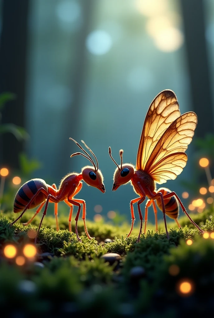 Make an ant and a cicada hugging in the forest