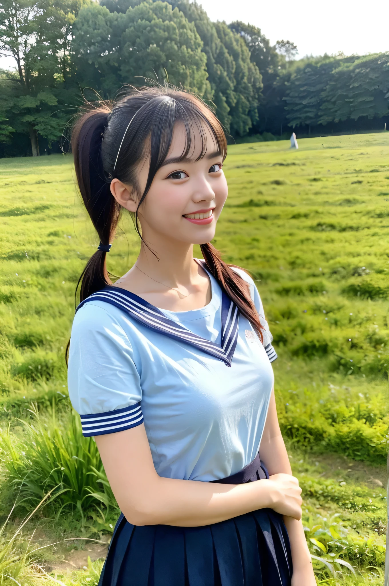 (Highest quality、Ultra-high resolution、８ｋ、masterpiece:1.3)、Beautiful woman with perfect figure:1.4、Black Hair、(((((School Uniform))))、Big eyes、派手な、（high school girl）、(Navy blue pleated skirt)、Ultra mini skirt、A beautiful woman、School Bag、Highly detailed face and skin、Detailed eyes、Shiny thighs、double eyelid、Thin legs、The best smile、(((１people)))、(I can see her panties：1.8)、White panties、(スカートの間からI can see her panties:1.5)、The best smile、Extraordinary beauty、Age is 1０years old、Perfect Proportions、whole body、(blue sky:1.5)、Baby Face、Touch your hair with your hands、The wind is blowing、(((Skirt that flips up)))、(Skirt lift)、Back view、look back、Angle from below、Tulip Fields、Beautiful Landscape、Good weather、