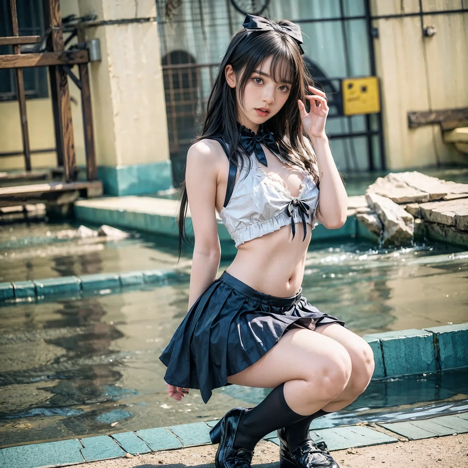 high quality, realistic masterpiece, girl kneeling, legs tied, wrists bound, Beautiful tween girls, small skinny girls, cute girl face, cyberpunk, Wearing cute outfit with cutouts and belts, skinny athletic body showing legs, innocent, playful, Famous actresses of Japan, very beautiful face, shibari, skirt