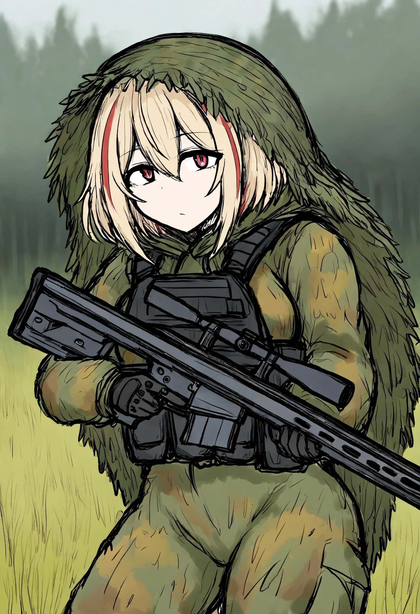 (masterpiece), best quality, 1girl, perfect face,curvy body,Roon,pretty eyes,red eyes, between eyes , blonde_hair, short_hair, streaked_hair,bob hair,ghillie suit,military uniform,tactical,load bearing vest,ghillie hood suit,gloves,ghillie suit long sleeves, looking at viewer, outside,forest,camo black gloves, tactical clothes,overgrown field of grass, wild grass,Hidden in a Field, all green camo attire,finger discipline,barrett sniper rifle, Barrett M82, cowboy shot,sketch drawing,black souls style

