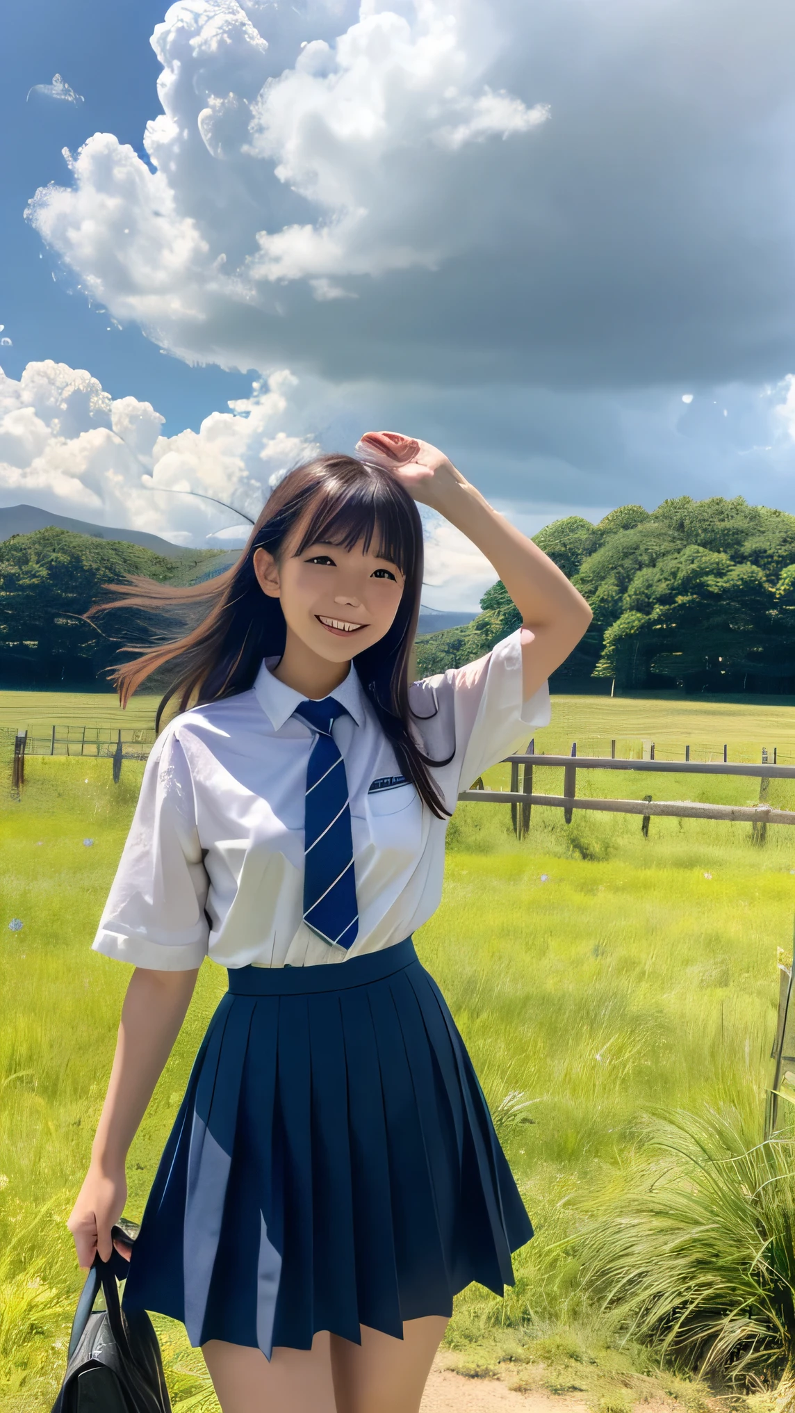 4K,neons, Best Quality, Hyper Detail,1girl in, , cloud, Bag, Short hair, Outdoors, Skirt, School uniform, School bag, White shirt, Blue sky,Full body, Short sleeves, Power lines, Cloudy sky, Standing, hands on pockets, cumulonimbus clouds, Sailor collar, tree, light Particle、Happy smile、realisitic、Live action、a miniskirt、Orange sunset