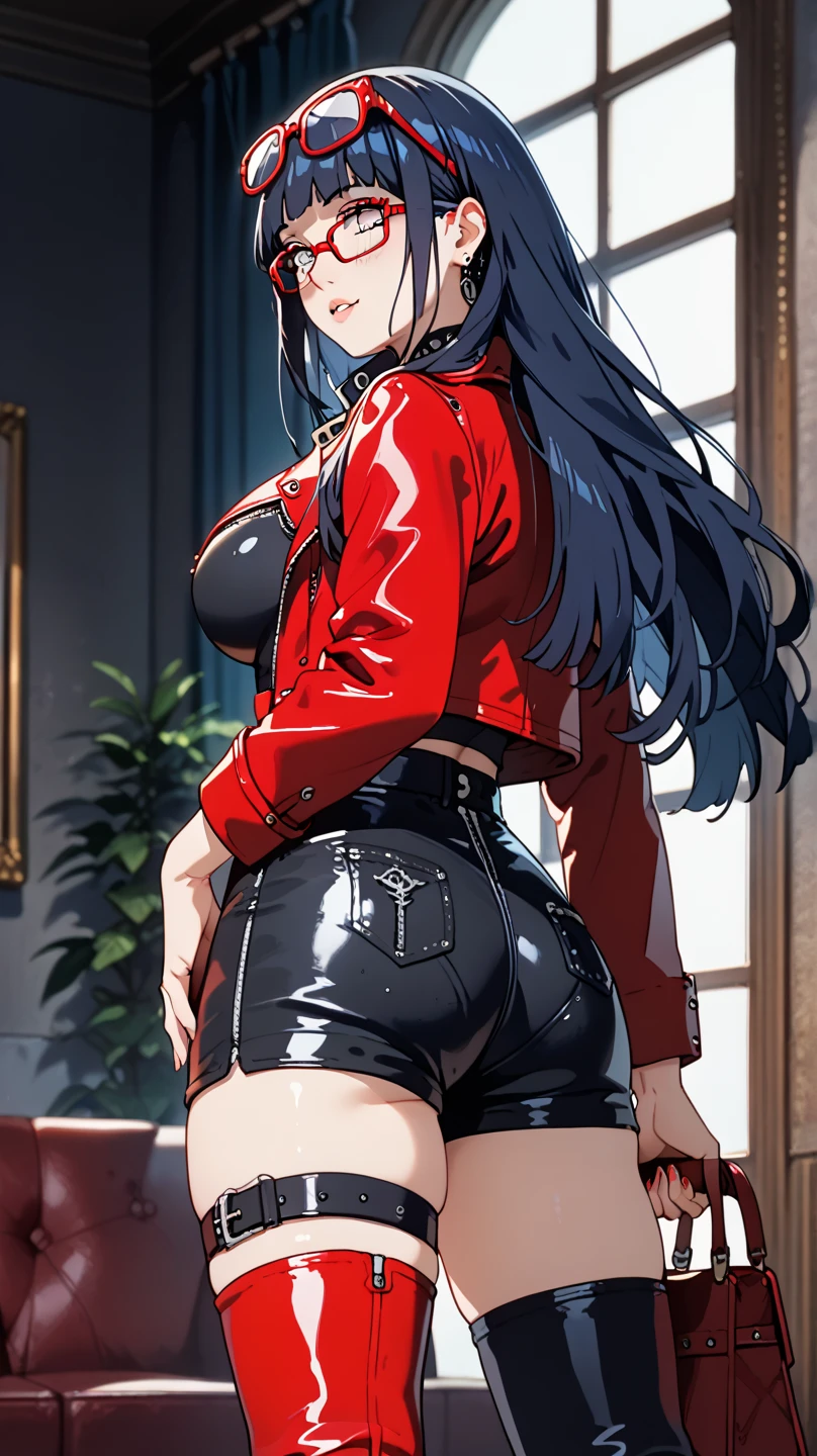 Make a woman with huge breasts and huge butt in red jacket and stocking