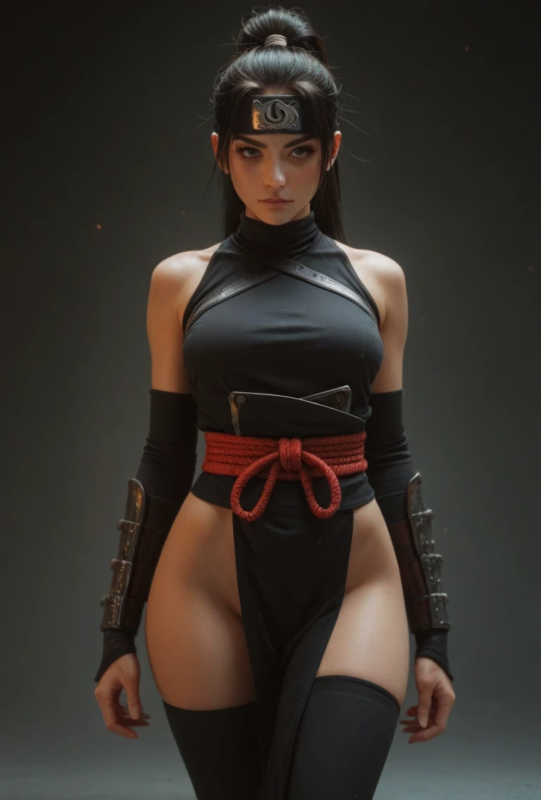 ((best quality)), ((masterpiece)), (detailed), Female shinobi looking back, shot from behind, masked, visible long black hair, with katana, dark padded outfit with leather and metallic accessories, black and red, dark tones, muted colors, high contrast, hyperrealism, black backdrop, minimal lighting
