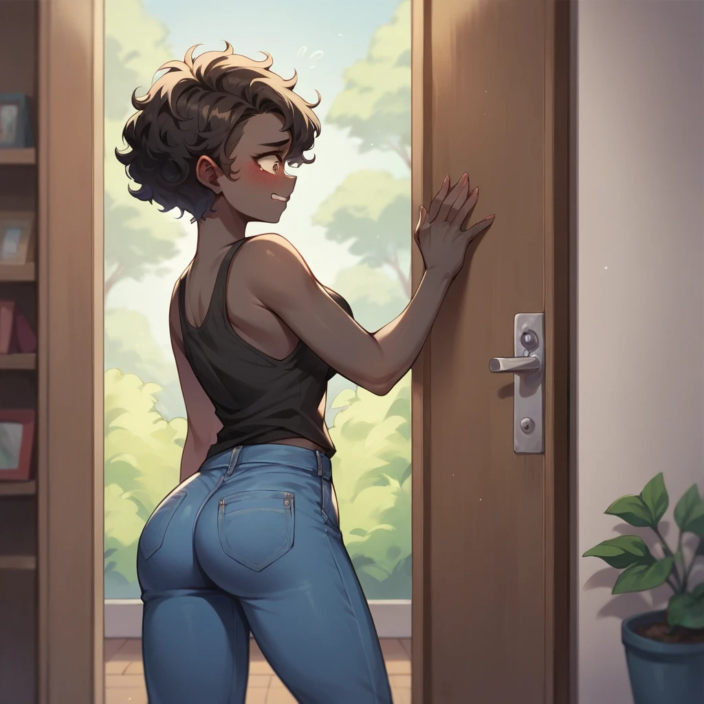 (masterpiece, best quality:1.3), Rizdraws, Thin Lineart, Soft Lineart, 1girl, solo, short black hair, black hair, bangs that go to the side down her face, large round glasses, flat straight hair, cant see eyes through glasses, black tank top, dark gray pants, small midriff, brown skin, wide hips, fat ass, in school hallway backgroung, steamy ass