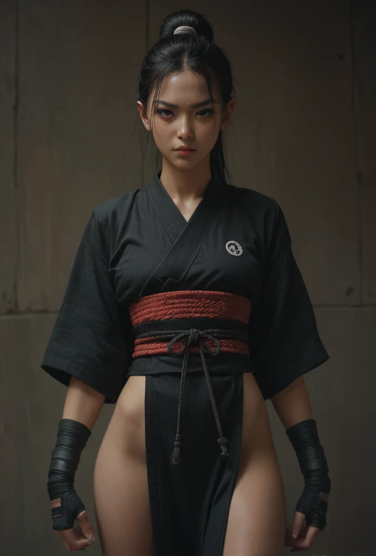 (masterpiece, highest quality:1.1), Warrior (dq3), One girl, alone, Long Hair, Twin tails, View Viewer, Black Hair, hair ornaments, Long sleeve,  Small breasts,Beautiful cherry-colored areola、Erect nipples、Narrow waist、Shaved、 Mouth closed, Cowboy Shot, Iris, Raise your arms, Short-hemmed Chinese clothing, No underwear、No underwear、Hair ties, Clenched hands, Combat Stance, Yin and Yang simple background   、High Kick、She spreads her legs wide and does a high kick、Her clothes are turned up and her underwear is exposed、Chinese boxing、Raise one leg high and kick、His clothes were open and he was topless、Clothes are loose and chest is exposed