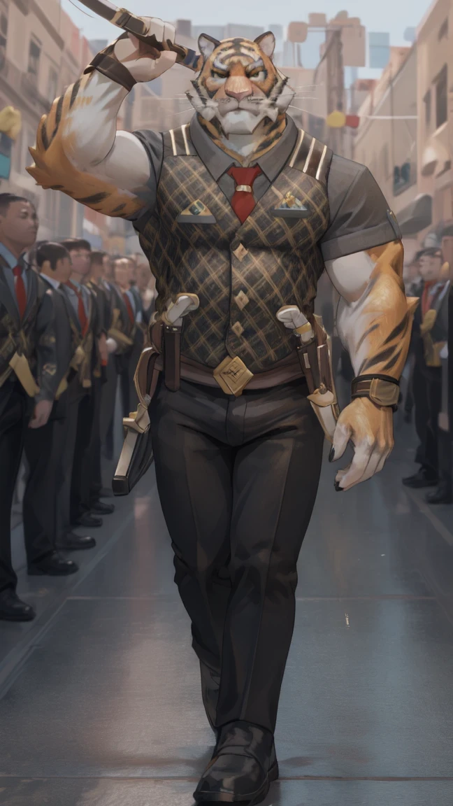 oscar, , muscular,  wearing a sleeveless t-shirt,     black pants    , happy,  yellow eyes , body blow, 8k Alta definición,   full body,  walking down avenue  ,   brown shoes  , posing 