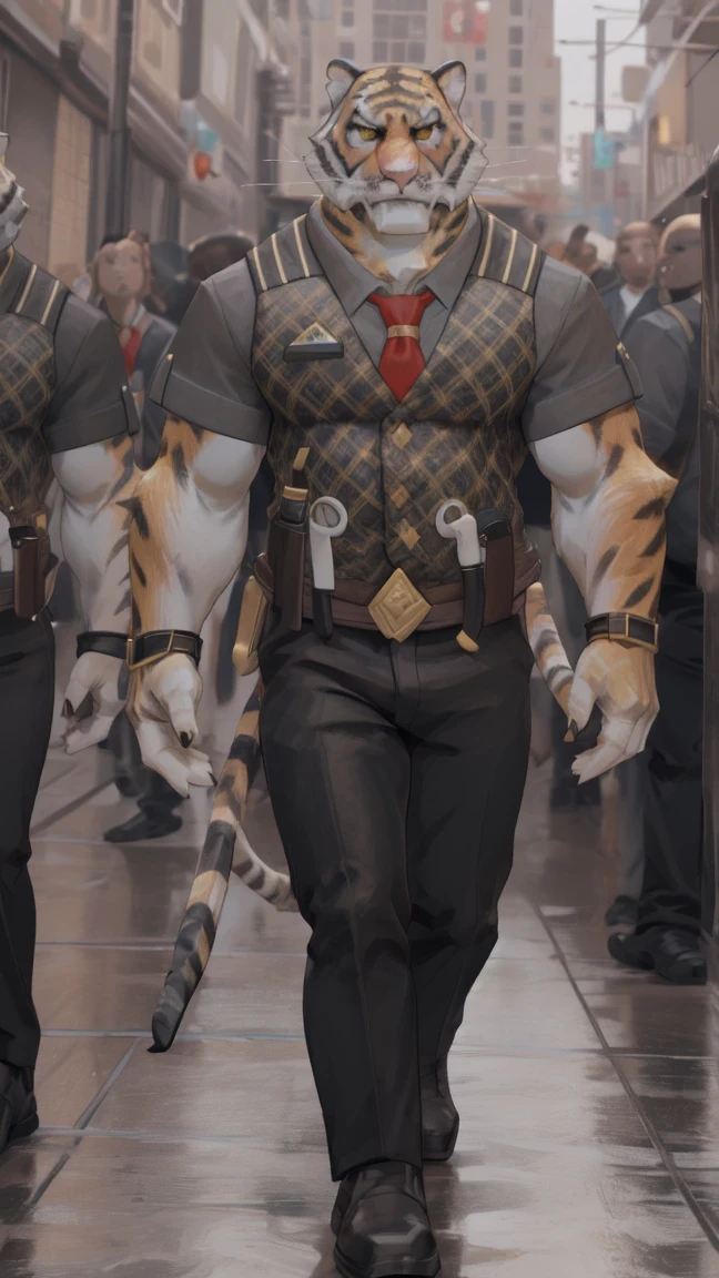 oscar, , muscular, wearing a sleeveless t-shirt, black pants , happy, yellow eyes , body blow, 8k Alta definición, full body, walking down avenue , brown shoes , posing