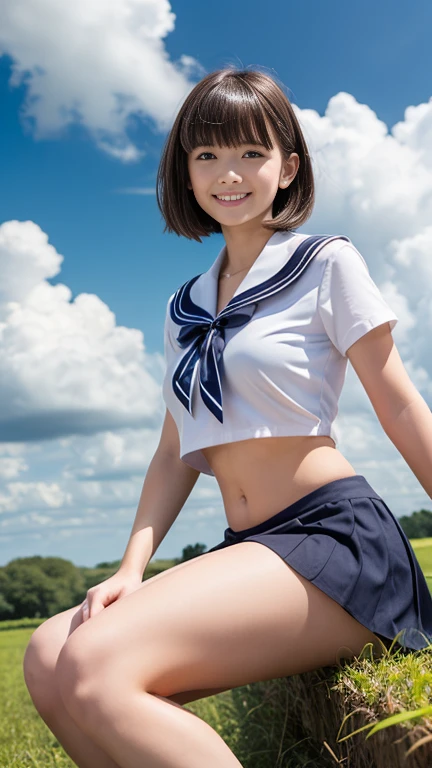 ultra highres,(reality: 1.4),highest quality, masterpiece, high detail, 16K quality, beautiful, 1 beautiful girl,japanese,super beautiful face,,japanese idol face,cute face,super detailed face,detailed hand,beautiful skin,sweaty skin,big eyes,big smile,profeccional lighting,short hair, black hair,brown beautiful eyes, white shirt,bowtie,brown checked skirt,standing,skirt lift,((wind lift:1.3)),(((show off panties))),((white panty)),medium breasts,she is looking at the camera,beach,blue sky, beautiful blue ocean,nsfw,from below,