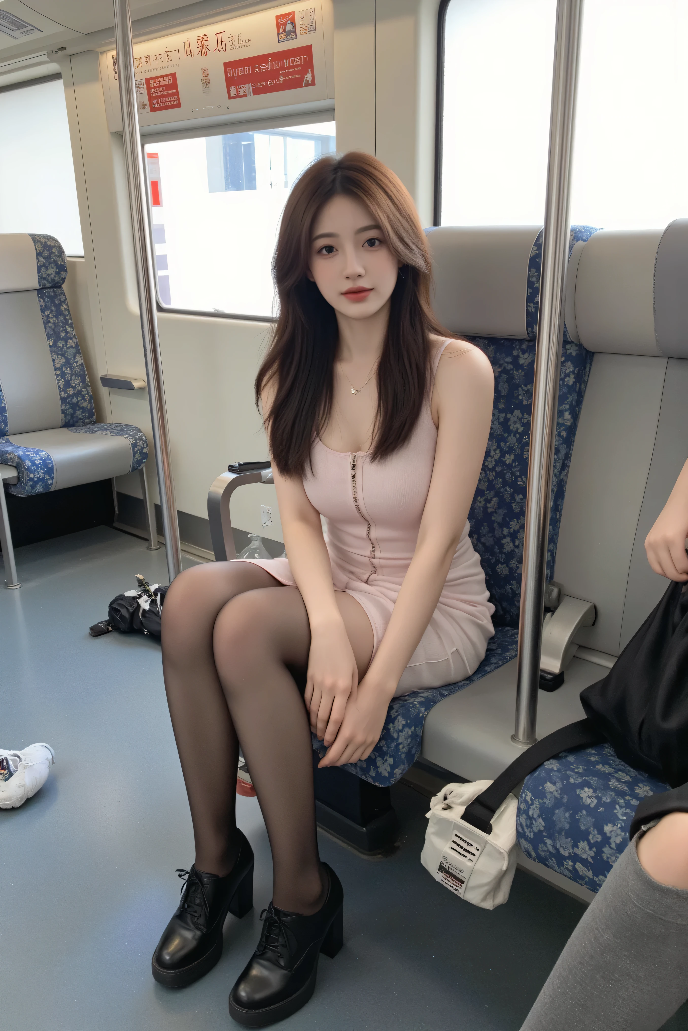  in a pencil skirt is sitting on a train seat,  long legs ,  photo taken from the opposite seat ,  thigh-length seat ,   Japanese beauty  ,  pantyhose, Lace pants、 panties 、underwear、赤いunderwear、 prank、 cute、 best quality 、 HD、cat、 big breast