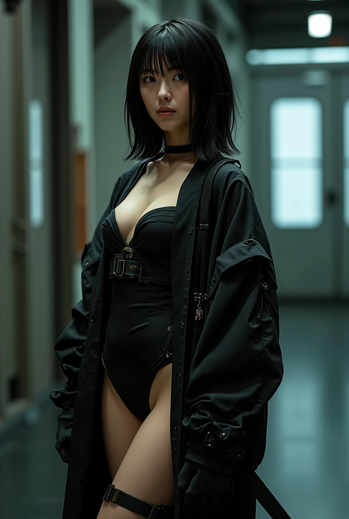 anime girl in a black outfit with a sword in her hand, very beautiful cyberpunk samurai, digital cyberpunk anime art, anime cyberpunk art, cyberpunk anime girl mech, cyberpunk anime girl, cyberpunk anime art, female cyberpunk anime girl, cyberpunk geisha, digital cyberpunk - anime art, cyberpunk samurai, anime style 4 k, badass anime 8 k, cyberpunk anime girl in hoodie, beautiful south korean woman, korean girl, beautiful young korean woman, korean woman, heonhwa choe, korean women's fashion model, sexy look, big breast, sexy pose, show breast, grey hair