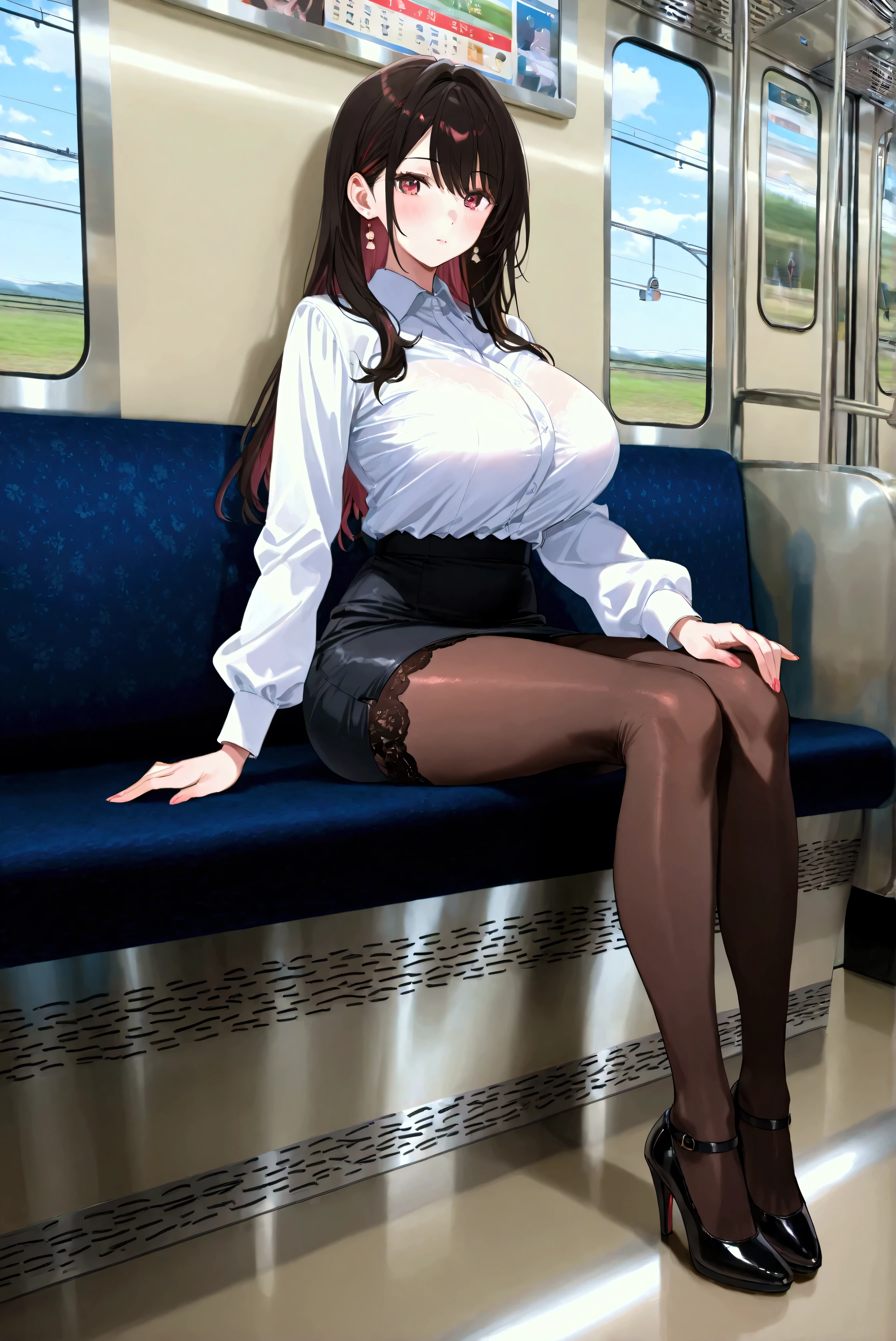 woman, ponytails, red hair, smiling, erotic, on the train, stick out your tongue and open your mouth, pantyhose, without panties, molested, open shirt, legs spread, close to pussy, shaved pussy, public, no skirt