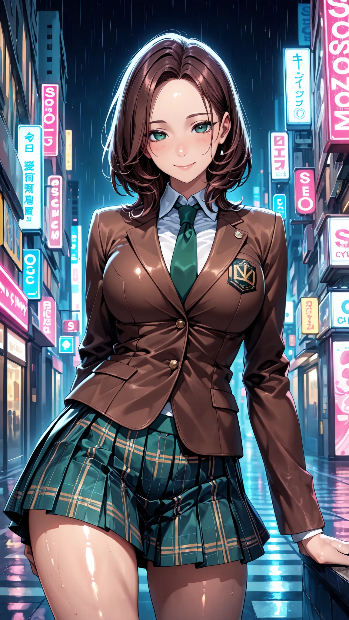 masterpiece, best quality, vibrant, very aesthetic, high contrast, anime style, semirealistic, newest, shiny skin,slender, cinematic-lightning, Enhance colors to maximum saturation, cowboy shot, high contrast, 1girl, detailed eyes, green eyes, slightly smile, detailed medium hair, dark brown silky hair, forehead, sliced back hair, contrapposto, Captivating thighs, uniform, brown blazers, Green tie, Plaid Pleated Skirt, rainy cyber city, at night