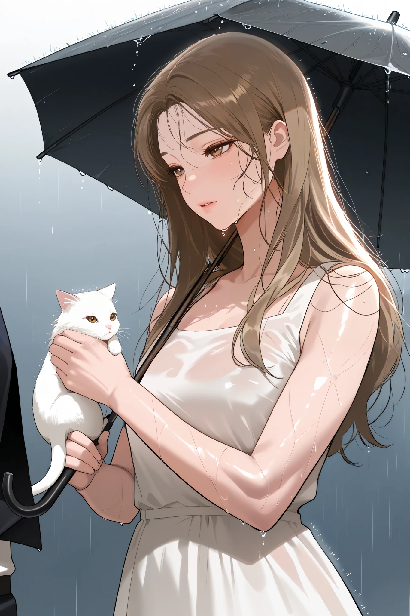 anime highly detailed , man holding a small white kitten in his arms, his clothes soaked from the rain,
a woman standing beside him , holding a large black umbrella
young woman, 19 years old, 150 cm,long wavy light brown hair, silky soft curls, warm light brown eyes, delicate facial features, fair smooth glowing skin, soft feminine body, full lips, white dress, wet hair clinging to her skin,
handsome young man, 26 years old, tall and muscular, 188 cm, broad shoulders, toned chest, light brown tousled hair, intense light brown eyes, chiseled jawline, light stubble, fair smooth skin, Wear a white shirt , ultra detailed, 8K UHD,