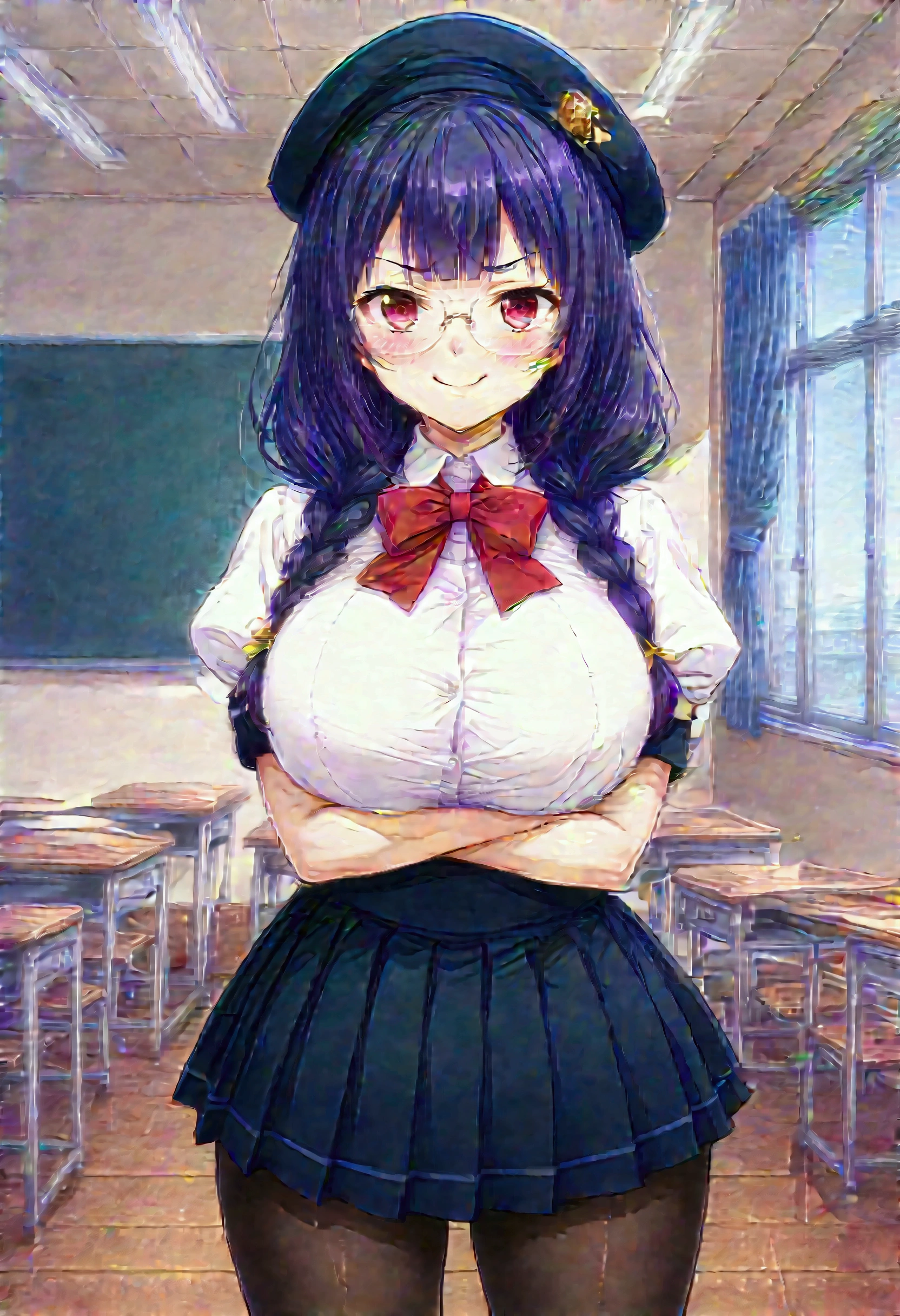 a woman, tanned skin, small head, circular head, pointed chin, wide forehead, black hair, a hairstyle with two long braids that fall over her shoulders as well as her characteristic long straight curtain bangs that cover her forehead completely and are cut in a shapeless manner., bangs on the forehead that are separated, front bangs, He wears black rectangular glasses and has a loving expression on his face.....,   black hair, hearts in eyes, small eyes, small nose, sticking out tongue , lust, huge breasts, hardened nipples, pink nipples, Skinny body, small waist, whole body, fitted white dress shirt, wearing mini skirt, long black stockings, sexy legs, opening your legs, women shoes, a nerd, alone, Transparent clothing, in an empty classroom, very horny, sexy, beautiful, beauty, provocative, alone, in an empty classroom, chalkboard, desks, windows, son rays entering, noon, alone, Prostitute 