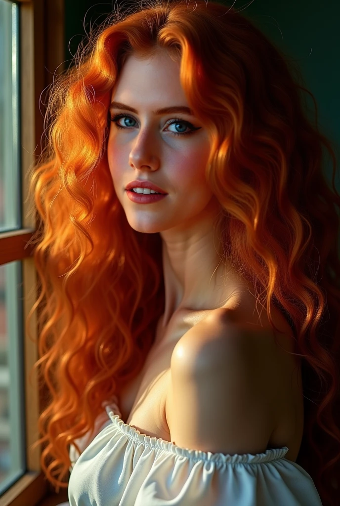 Fine art photography, analog photo a waist-length portrait, a skinny young woman with long hair wearing a sexy dress),(long ginger red curly wind floating hair),posing for fashion,(look to camera),(intricate scales volumetric glowing abstract background:1.3), in the style of intimacy, dreamscape portraiture, solarization, shiny kitsch pop art, solarization effect, reflections and mirroring, photobash, (composition centering, conceptual photography),(extremely fine and beautiful),(perfect details), (detailed beautiful eyes:1.2),(beautiful face:1.2) ,detailed textures, photography, detailed photography,photoshadow, background rich in details, conceptual image,masterpiece, award winning photography,(intricate detailed of background)