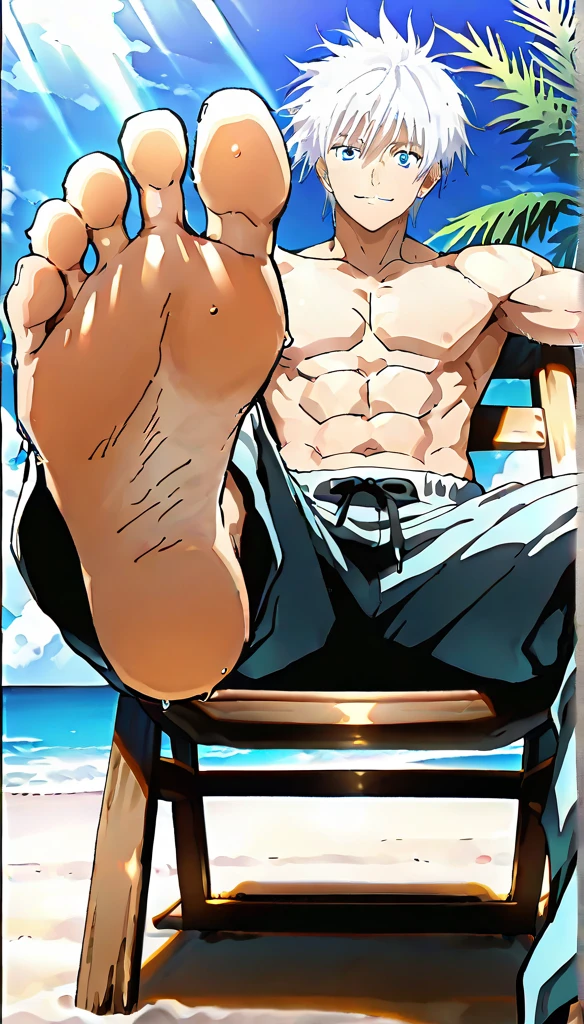 Roronoa Zoro semi naked in boxers blushing, Sitting in a park. detailed muscles, veiny arms, muscle legs. feet, sweaty feet, sweaty body, closeup feet.