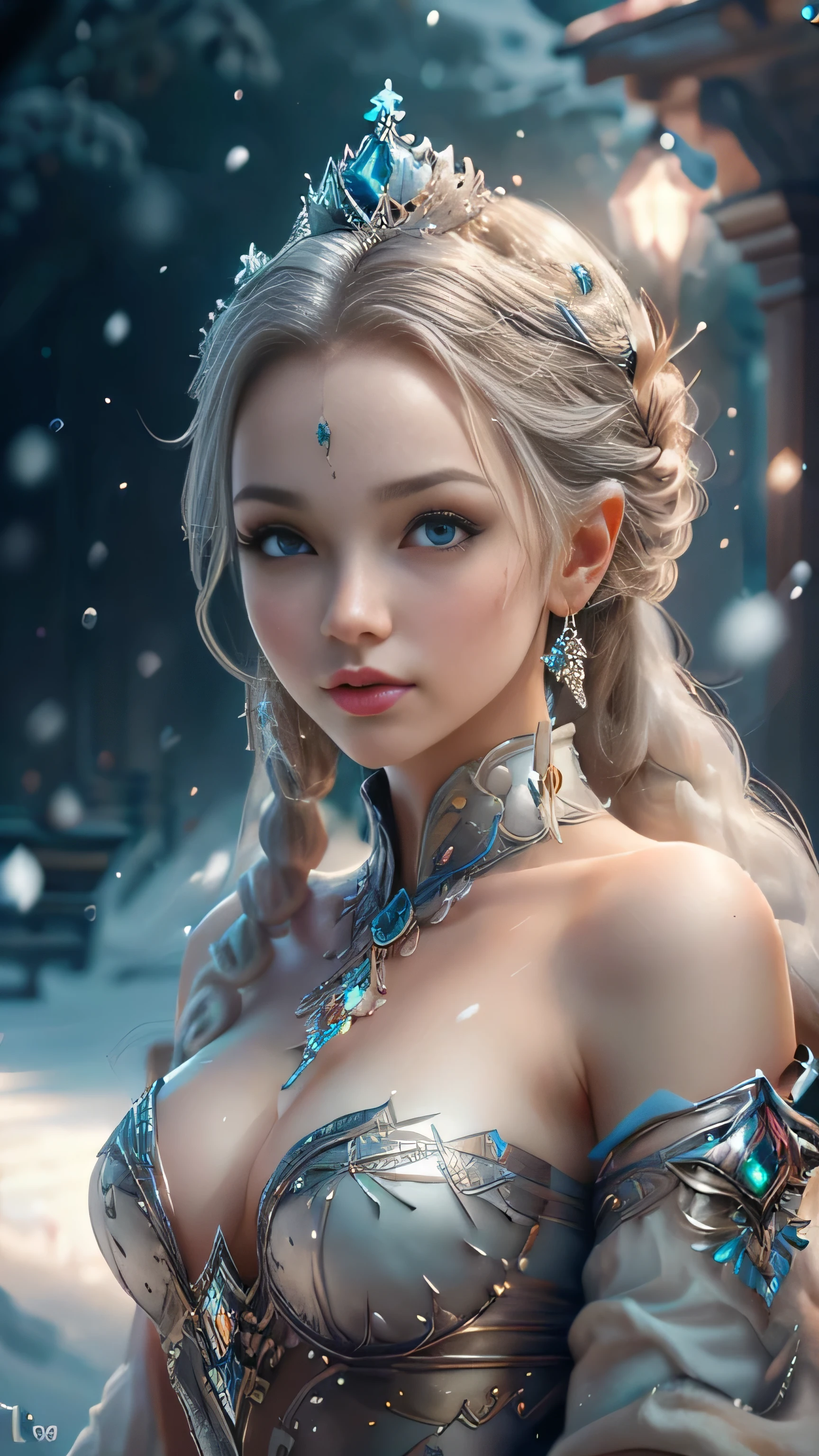 (Best Quality, Super Detail, Masterpiece, Representative Work, Official Art, Professional, Super Detail, 8k:1.3) (Photorealistic:1.2), Veru cute,  incredibly cute snake queen made of pale white-gray-black shiny mica with round eyes, long eyelashes and a crown, on her head a crown of blue and white crystals, silver glitter, a snow garland of snowflakes, near a smart Christmas tree, winter, snow, snowflakes, smoky, airy, velvety pastel, highly detailed computer graphics, Tim Burton style. rhinestones, diamonds, rubies, sapphires, alexandrites, sparkling snow, snowfall, stars, frost, stardust,  Natural Lighting, Soft Background, Photorealistic, Shining Eyes, Sharp Focus, Cute and Mischievous Look, Hint of Mischief, Dreamy Atmosphere, Delicate Details, Soft Volumetric Light, (Backlight:1.3), (Cinematic:1.2), Intricate Details, (ArtStation:1.3)