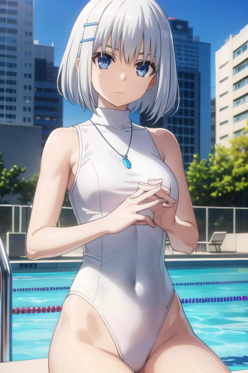 Wearing a slingshot swimsuit、shy。 Wearing a super flashy swimsuit like a string。