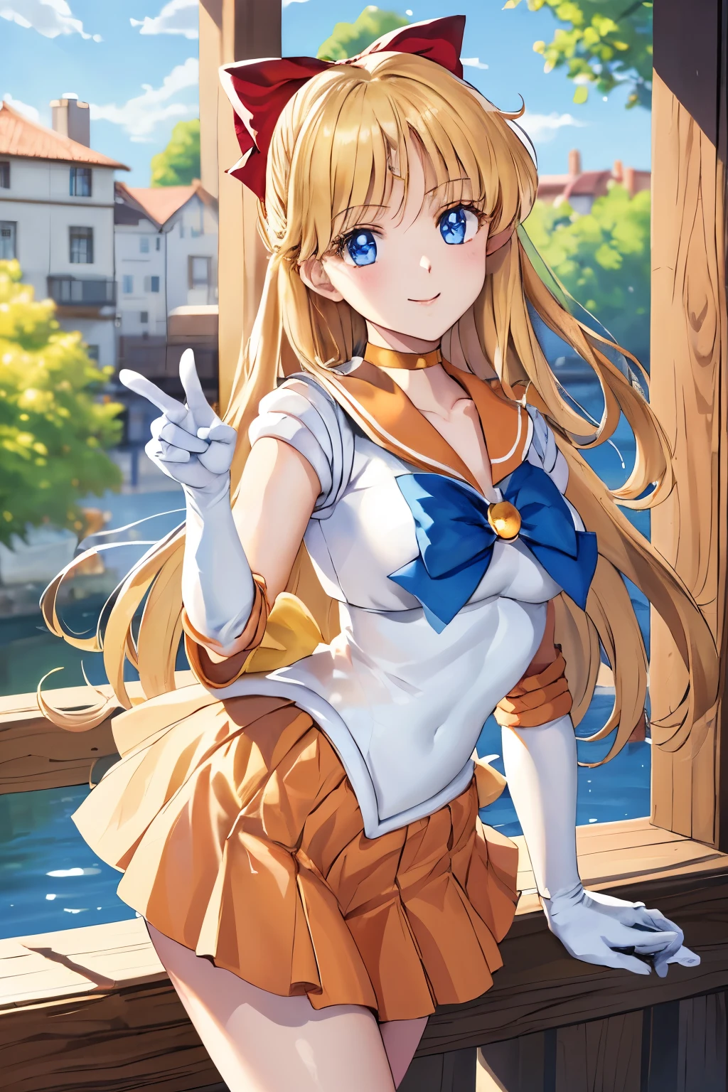 masterpiece, best quality, high resolution, oil painting:1.3, from slightly upper shoot, 1girl, solo, sailor senshi uniform, sailor venus, aino minako, blonde hair, blue eyes, orange skirt, elbow gloves, tiara, pleated skirt, hair bow, orange sailor collar, miniskirt, choker, red bow, orange choker, white gloves, very long hair, (high quality shiny fabric), (point to sky:1.1), (leaning to forward:1.1), (gazing at viewer:1.2), smile:1.5, にんまり笑う:1.3, Chortle:1.4, park:1.2, outside,