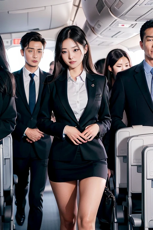 (in 8K、Raw photography、Highest Quality、realisitic、Photorealsitic、Professional Lighting、masterpiece、extremely delicate and beautiful、Highly detailed、finely detail、ultra-detailliert、hight resolution、full-shot)、SFW、Detailed scenario of a very crowded cabin、(((On the plane)))、1girl in、1 Flight attendants、Beautiful female flight attendant(woman 1)ha、Wearing a black jacket and black skirt、Beautiful face:1.5、Model body type、small tits、All passengers except one female are male......:3、Young man in suit、(woman 1)Touching the body of、Young men(woman 1)hug from behind、Young men(woman 1)Touching the chest of、Young men(woman 1)Flip up the skirt of、Black panties are visible、