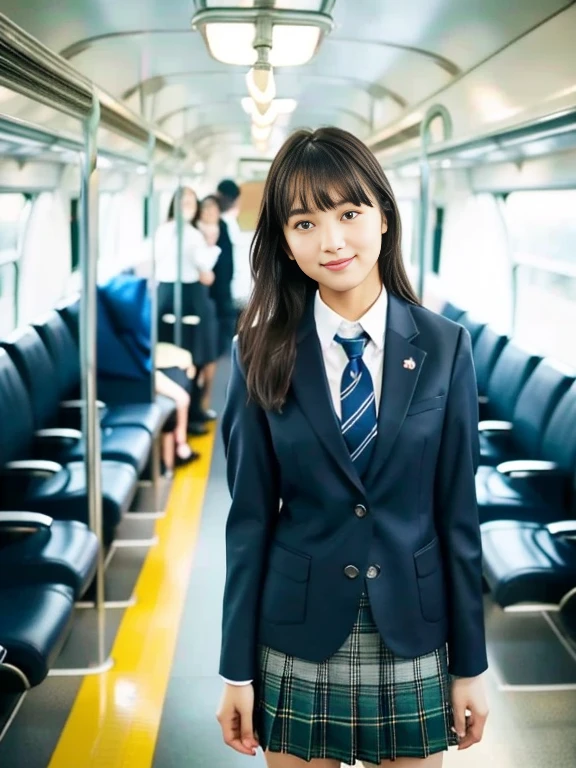 Navy Blue Blazer,Dark blue plaid pleated skirt,tie,15 years old,high school girl,Black Hair,bangs,Straight hair,ponytail,Dark Eyes,Small face,Young Face,Clean your eyes,Small Mouth,Showing teeth,thin,Young Face,,Flat Chest,Flat Chest,Flat Chest,Flat Chest,on the train,Realistic photos,8K,smile,White teeth,Ultra HD,Standing posture,whole body,rucksack,