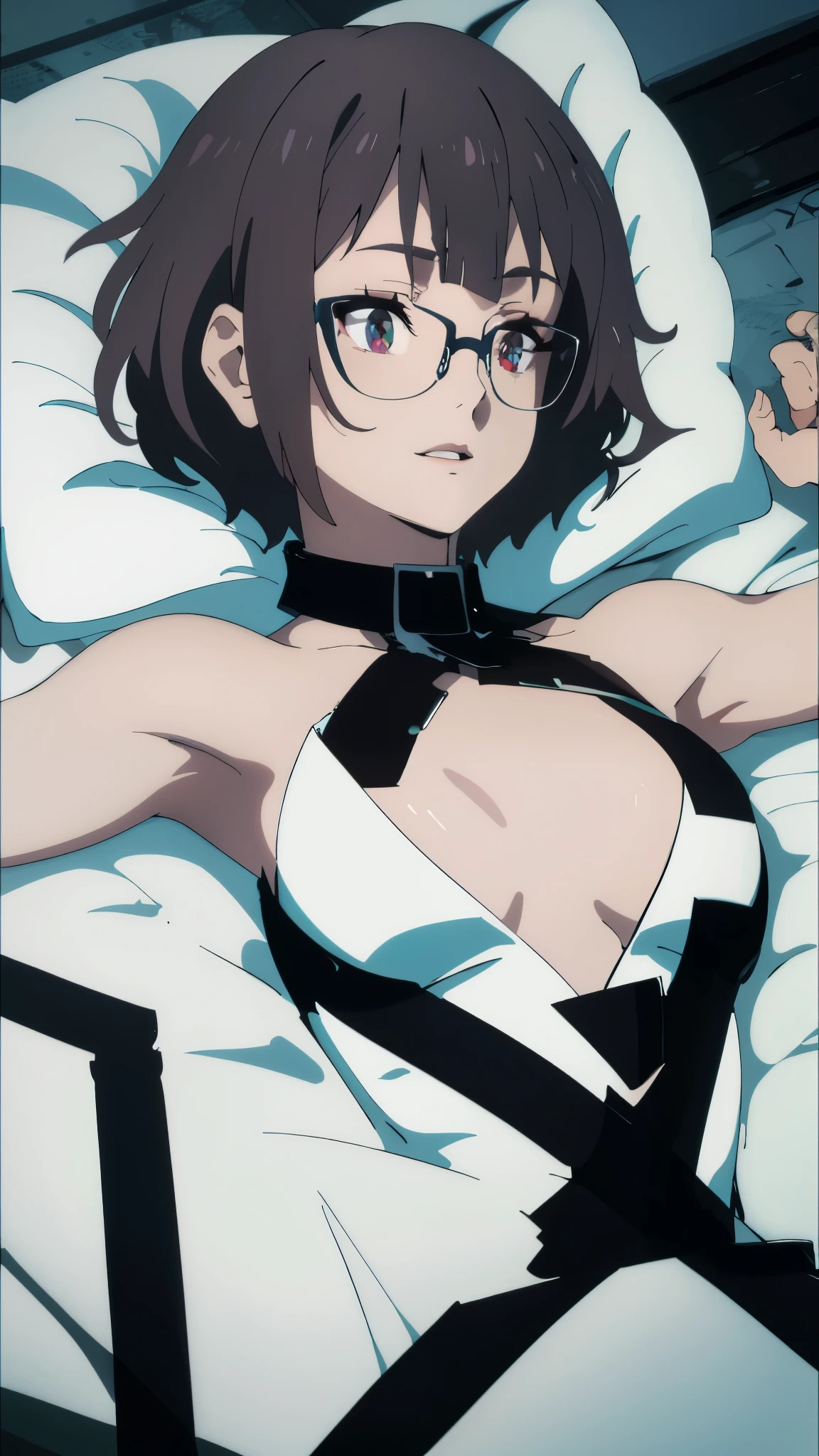 realistic,photorealistic,photo-realistic:1.37,4k,8k,highres,masterpiece:1.2,ultra-detailed,detailed tattoo,detailed tattoo on back,beautiful detailed eyes,beautiful detailed lips,extremely detailed eyes and face,long eyelashes,naked female figure,big butt,short dark hair,tied black hair((Beautiful nipples))((Lying face down on the bed))((Many tattoos all over the body))((Intellectual glasses))((Very Short Hair))
