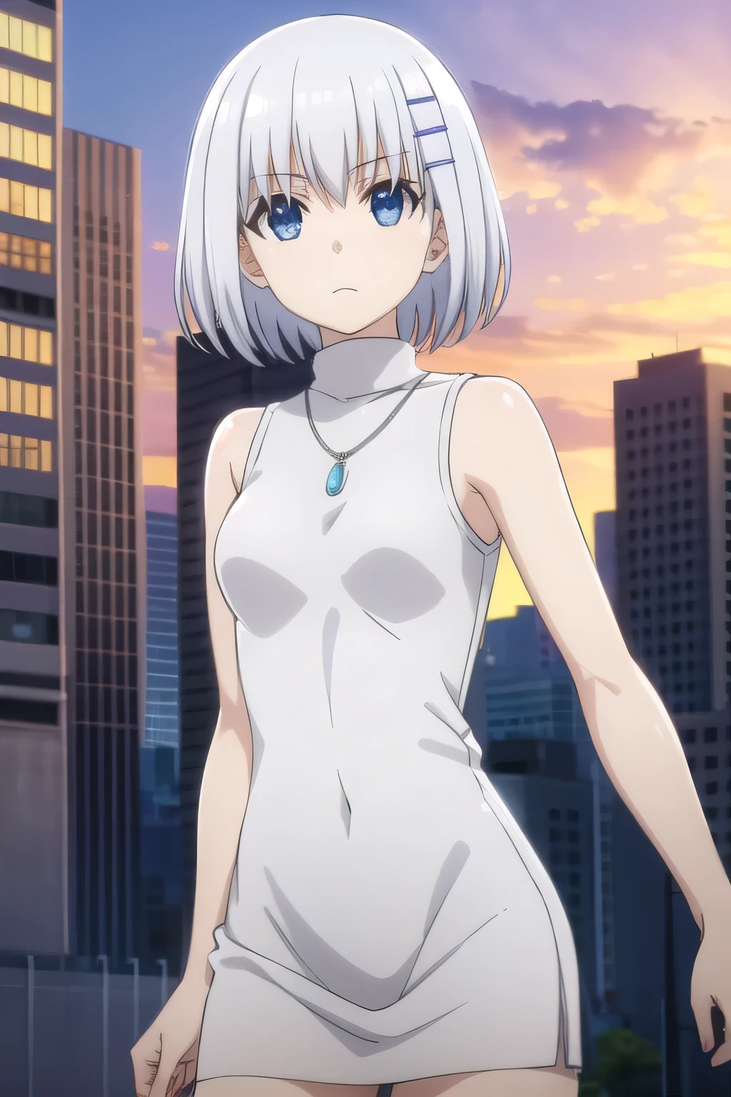 origamitobiichi, origami tobiichi, leotard, short hair, blue eyes, hair ornament, bare shoulders, jewelry, white hair, sleeveless, hairclip, necklace, turtleneck, sleeveless turtleneck, strap between breasts, white dress,
BREAK ,
BREAK outdoors, sky, blue sky, clouds, sun, city, buildings, crowd, people,
BREAK looking at viewer, (cowboy shot:1.5),
BREAK (masterpiece:1.2), best quality, high resolution, unity 8k wallpaper, (illustration:0.8), (beautiful detailed eyes:1.6), extremely detailed face, perfect lighting, extremely detailed CG, (perfect hands, perfect anatomy),