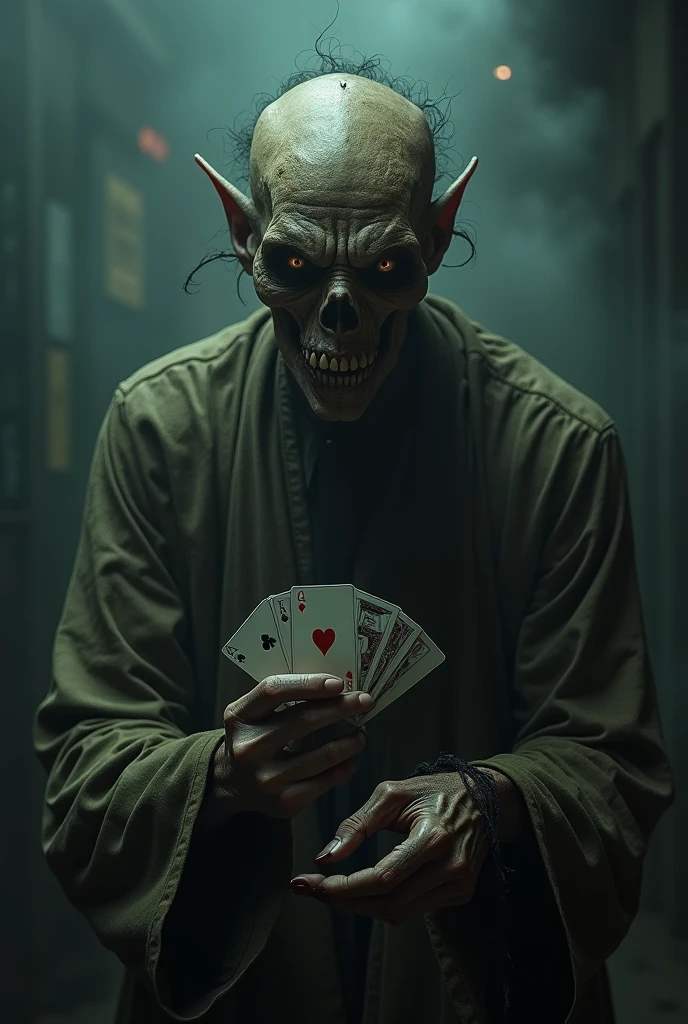 A person with red eyes, detailed facial features, demon beside, playing slot machines, dull clothes, moody atmosphere, dramatic lighting, dark fantasy, chiaroscuro, cinematic composition, hyper detailed, 8K, high resolution, masterpiece, cinematic, dramatic, dark, gritty, atmospheric, moody