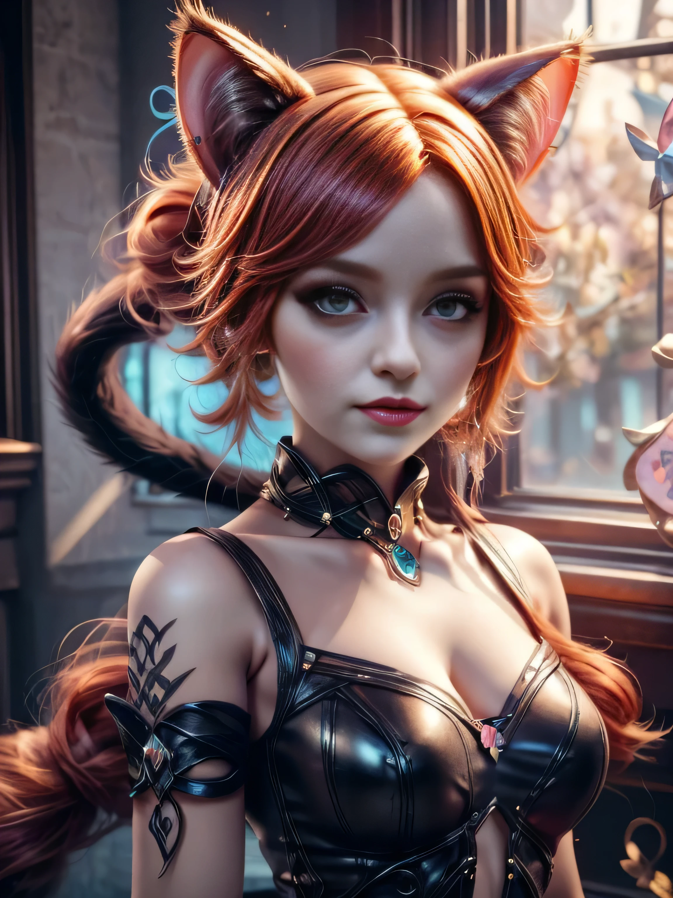 there is a doll with red hair and a cat ears, portrait of a goth catgirl, dollpunk, artdoll, [ trending on cgsociety ]!!, beautiful young catgirl, wlop loish and clamp style, cgsociety ), cgsociety - w 1 0 2 4 - n 8 - i, cgsociety 9, bjd, cgsociety