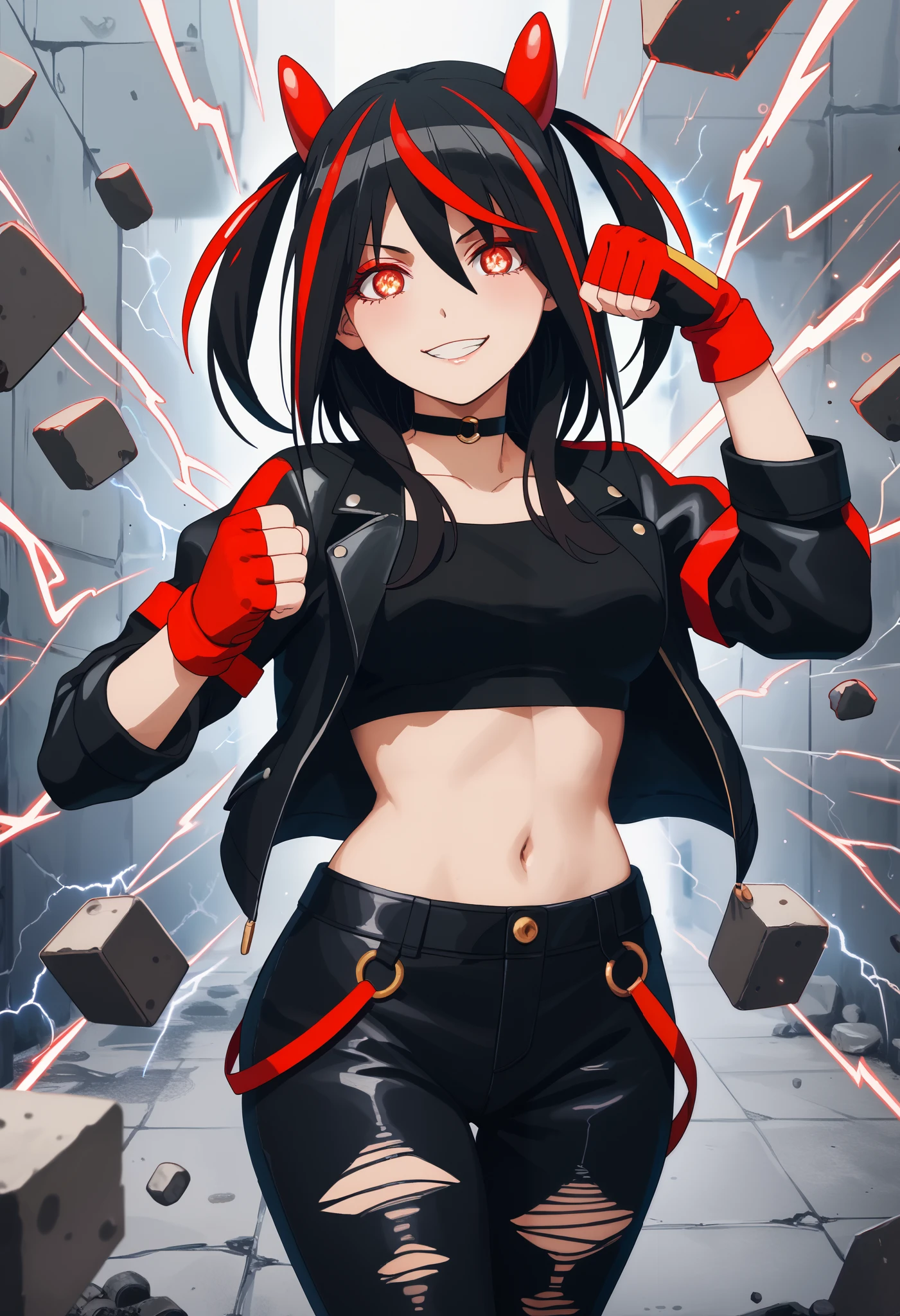 Score_9, Score_8_up, Score_7_up, bright skin: 0.1, anime_source, deep skin, high quality, high resolution, (curvy), ((wide )), , cute, , 1 girl, BREAK HaneruEmi, HaneruEmi, long hair, black hair, red highlights, red eyeshadow, red eyes, spiky hair, hair between eyes, side locks, black crop top, open jacket, black leather jacket, horns, choker, gold bracelet, black leather pants, red gloves, fingerless gloves, red footwear, white footwear, two-tone sneakers, black stockings, abdomen, smile, incoming attack, incoming punch, clenched hand, glowing eyes, electricity, motion lines, dynamic pose,
concrete, abstract background, light particles, dust,