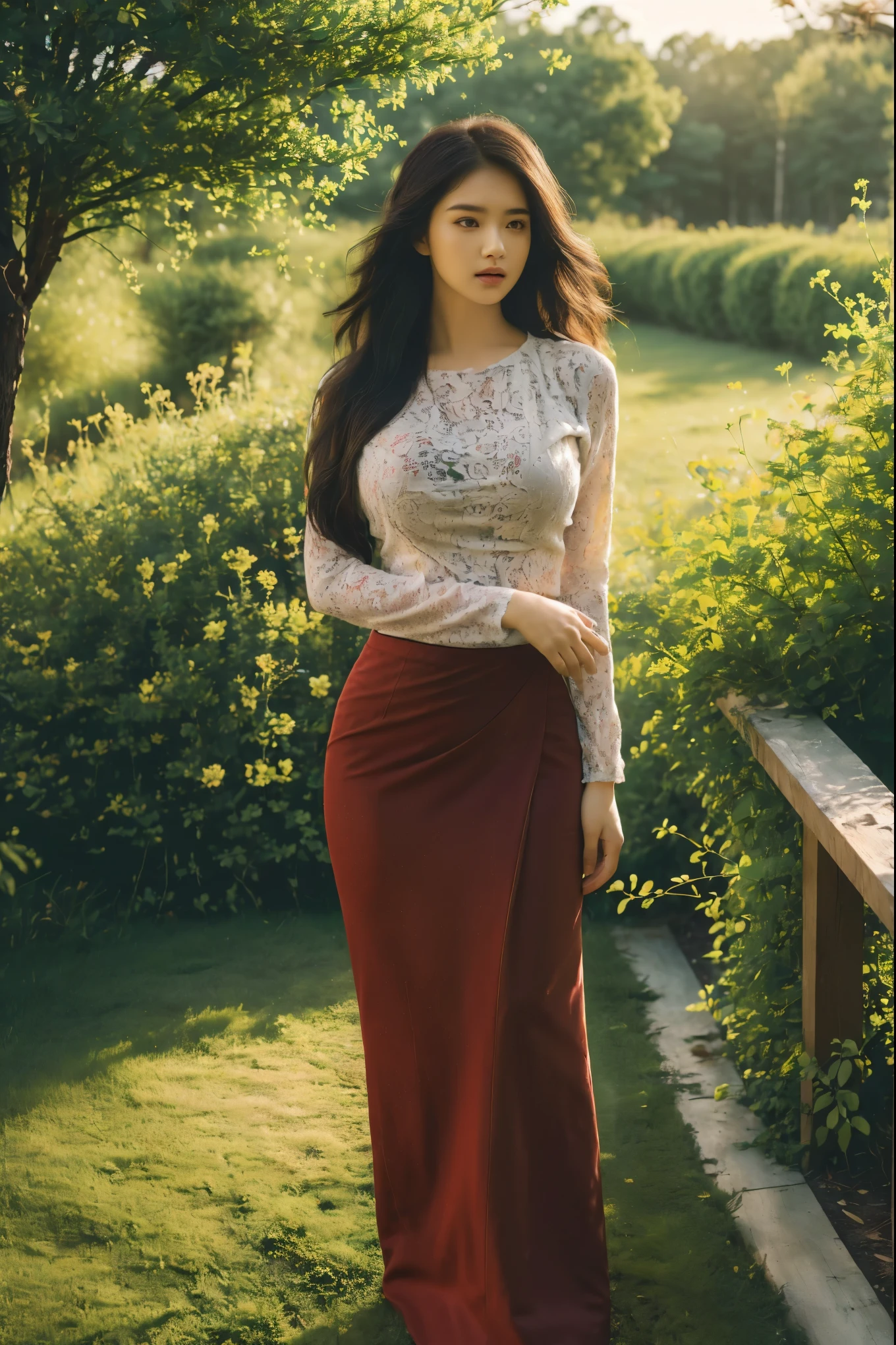 ((Best Quality, 8k, Masterpiece:1.3))), Crisp Focus: 1.2, (Beautiful Woman with Perfect Figure: 1.4) , multiple girls))),((((6girls))))、((6 girls))、The same face、matching uniform、(acmm ls outfit, dark red acmm top, wearing acmm long skirt, dark red acmm long skirt, printed skirt,)、Long black hair、((((Gigantic Breasts)))Raw photo、same person、Doppelganger、(group portraits), standing,ass focus ,front view,In the floral plants forest background ,film effect 、best position,best composition, perspective view, ultra wide view,(best quality,4K,8K,highres,masterpiece:1.2),ultra-detailed,(realistic,photorealistic,photo-realistic:1.37),HDR,studio lighting,sharp focus,